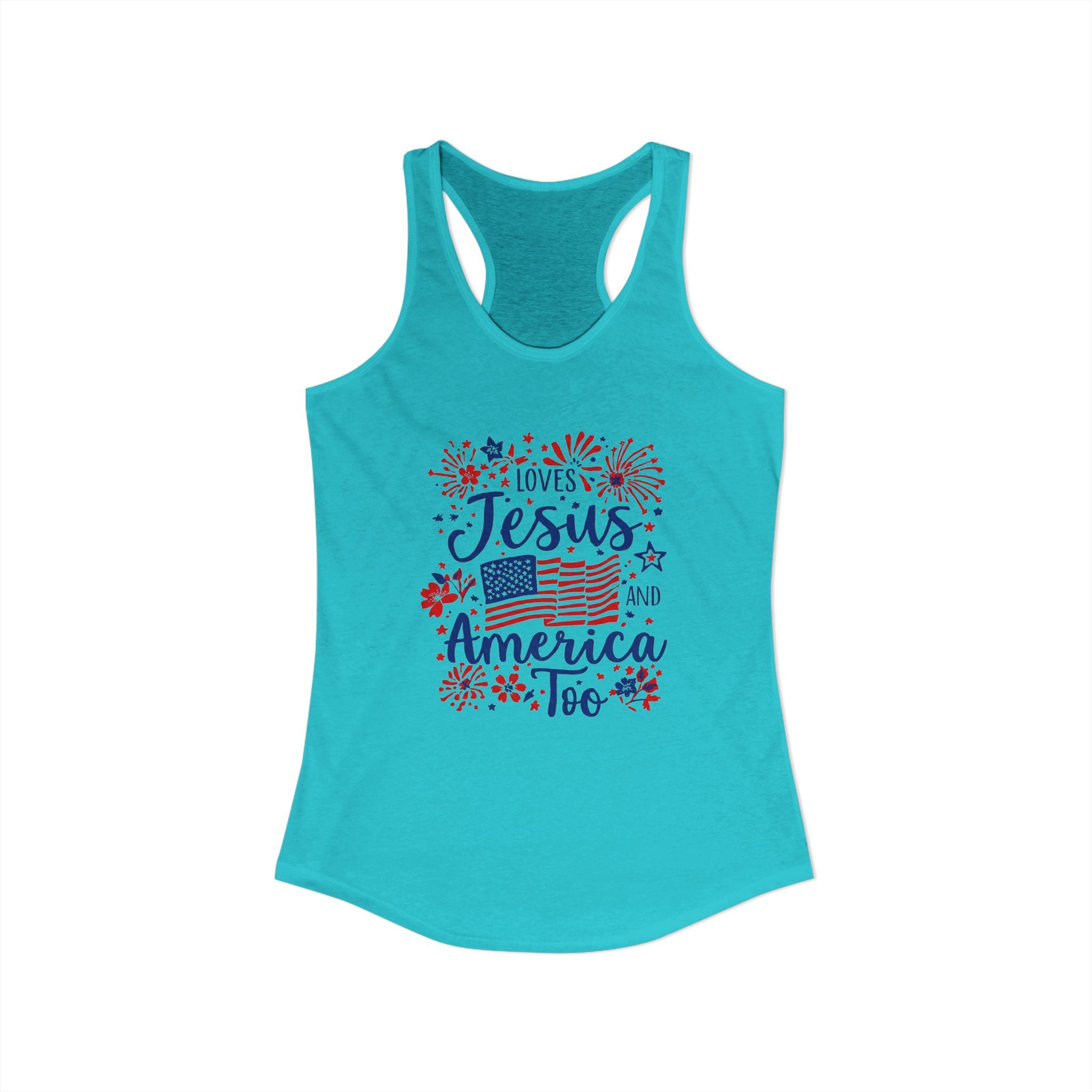 Loves Jesus and America Too Racerback Tank — Patriotic Christian Women's Tank