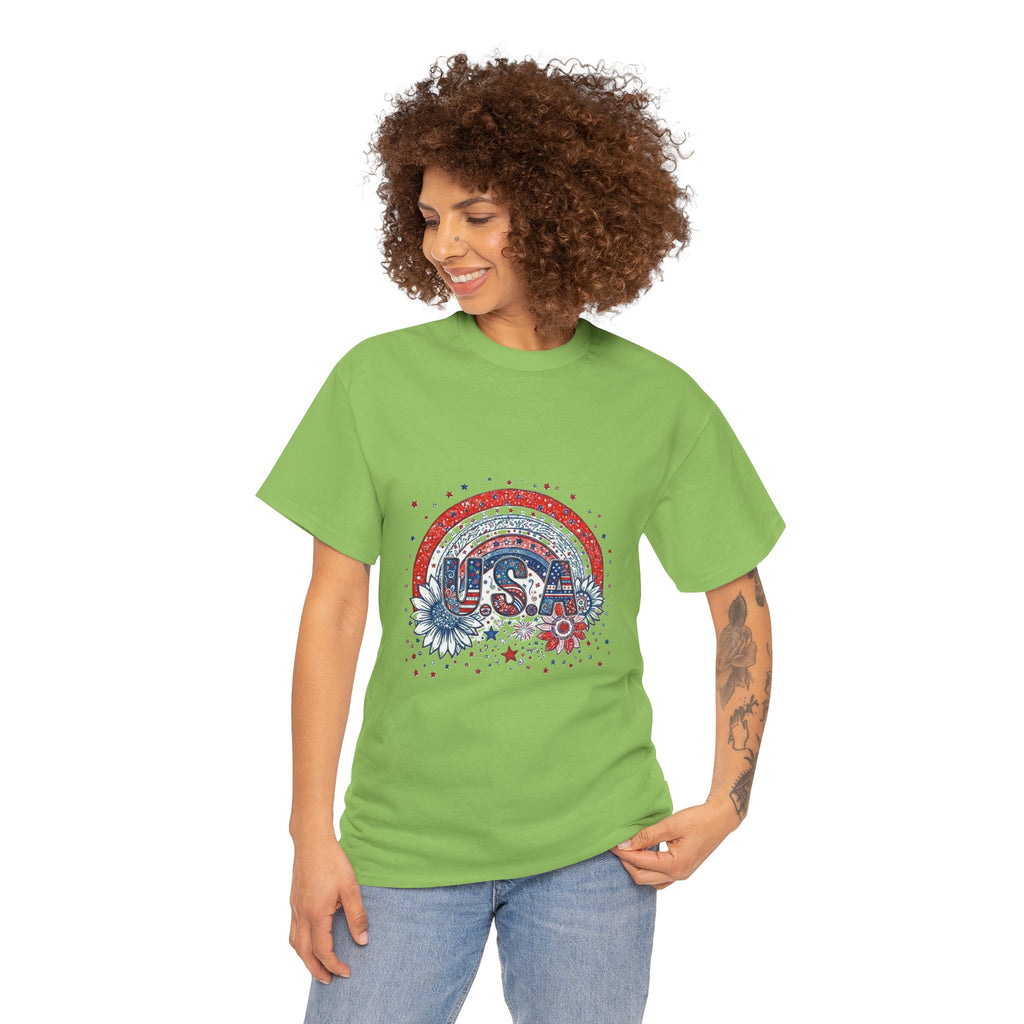 USA Retro Rainbow T-Shirt — Patriotic Fourth of July Tee with Stars & Flowers