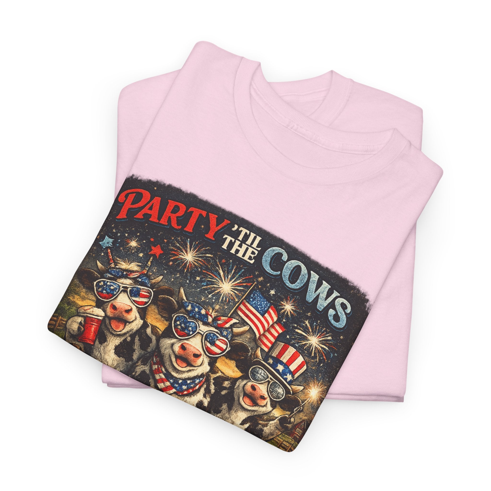 Independence Day 'Party 'Til the Cows Come Home' T-Shirt — Fireworks & Cow Graphic