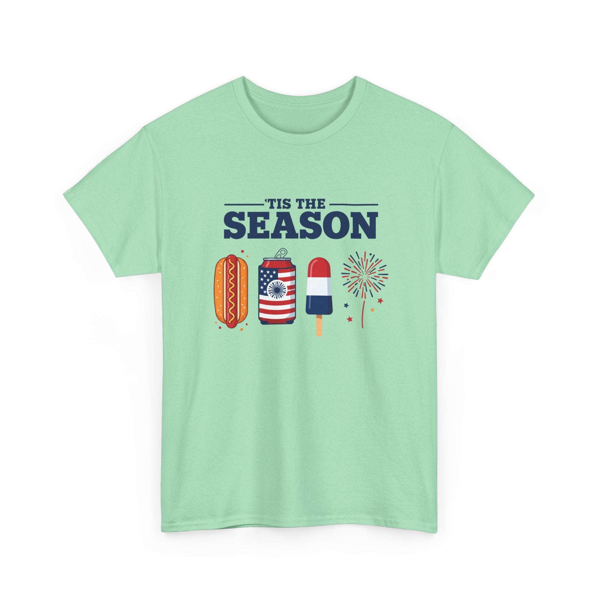 Fourth of July Tee — "'Tis the Season" Patriotic Hot Dog, Popsicle & Fireworks T-Shirt