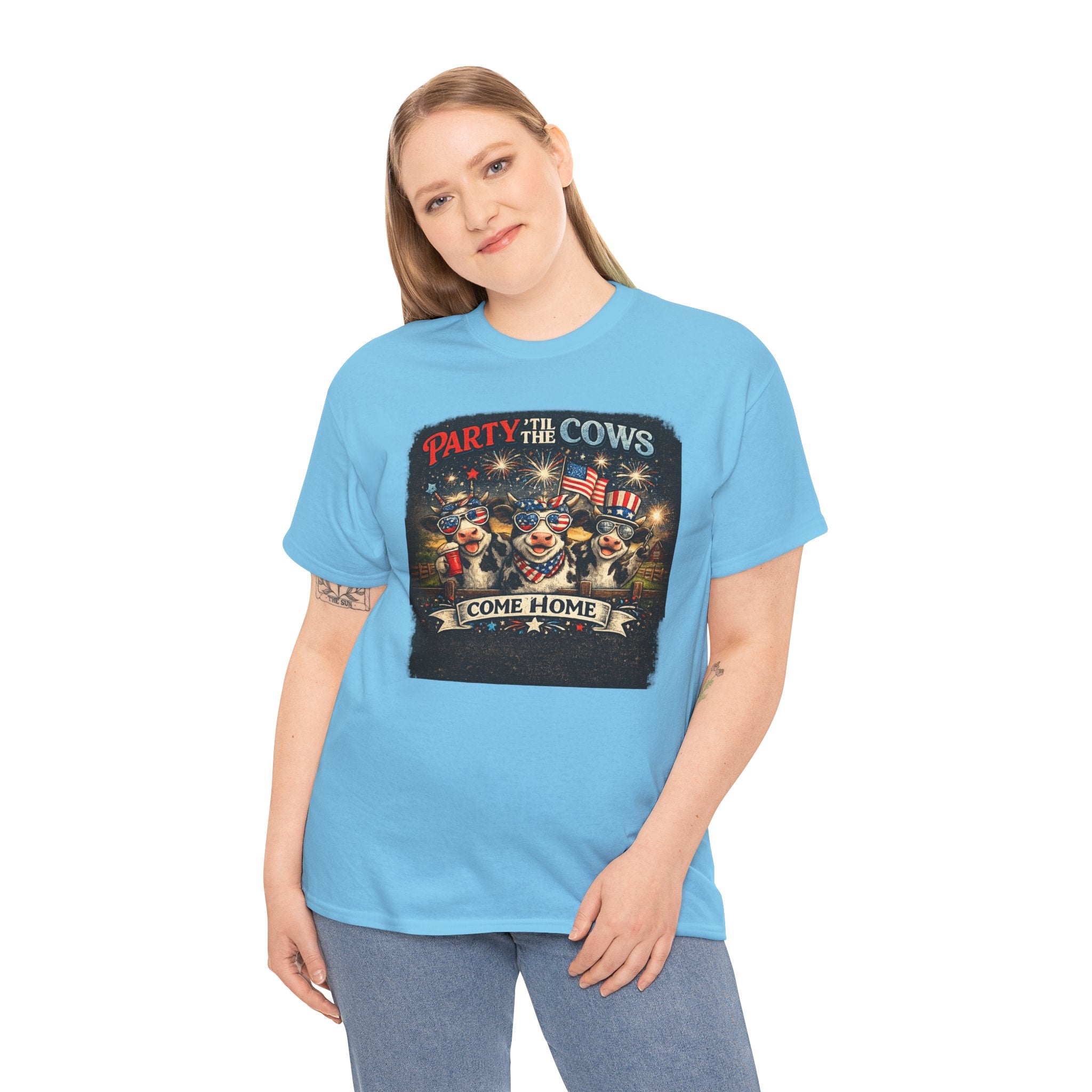 Independence Day 'Party 'Til the Cows Come Home' T-Shirt — Fireworks & Cow Graphic