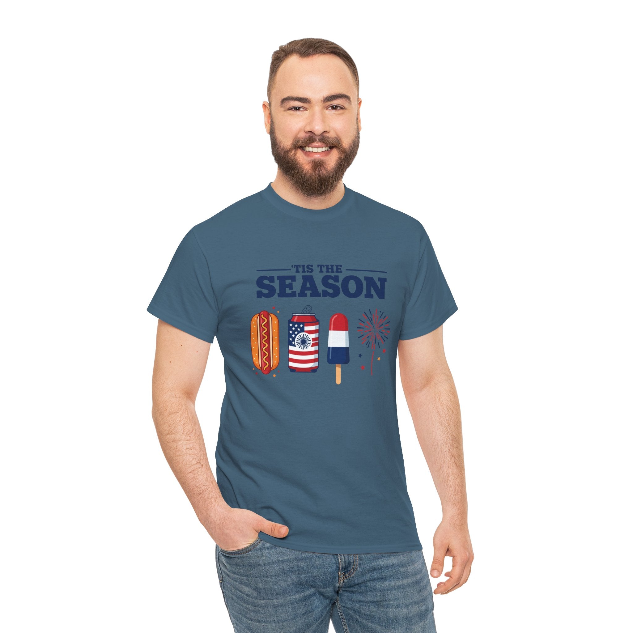 Fourth of July Tee — "'Tis the Season" Patriotic Hot Dog, Popsicle & Fireworks T-Shirt