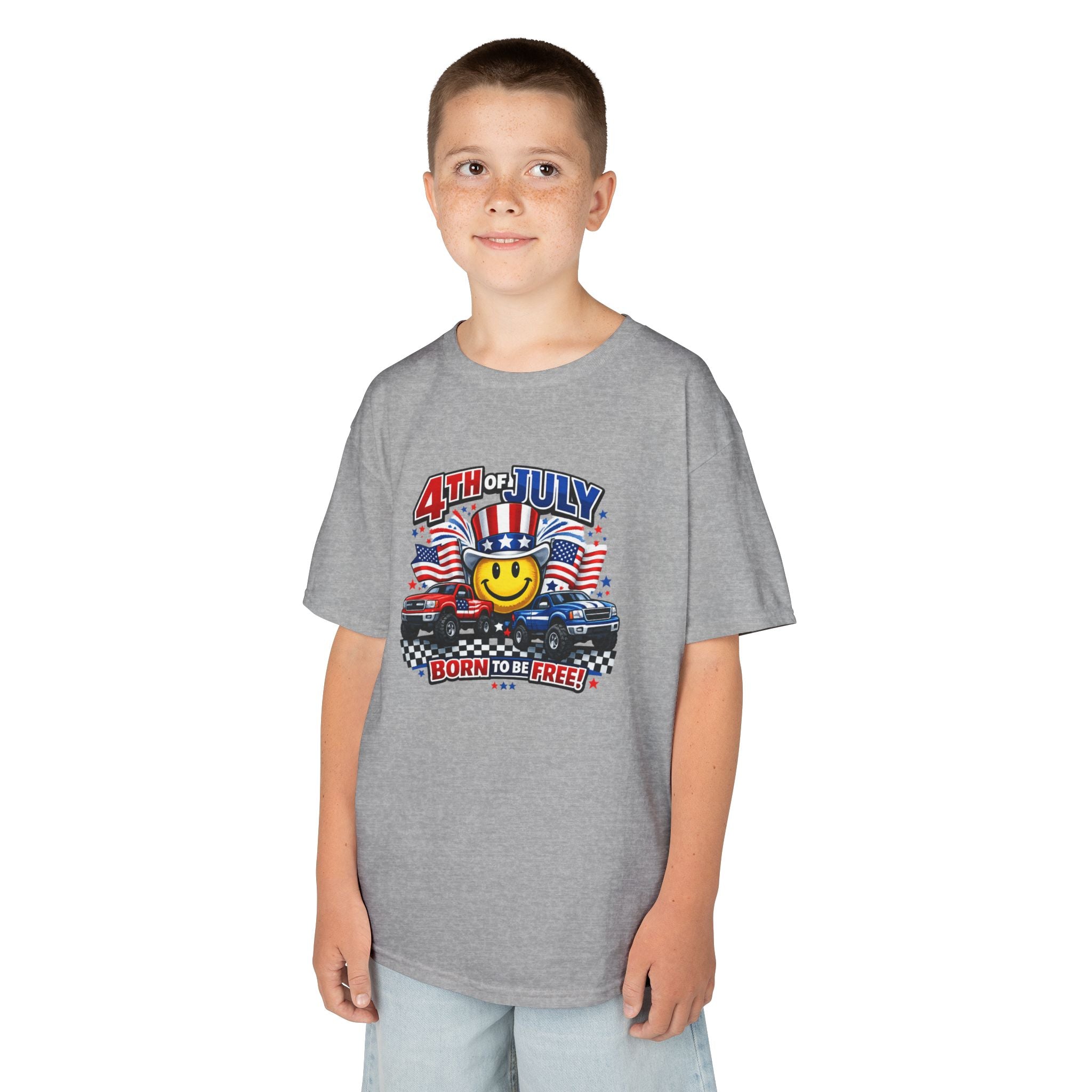 Kids Tee — 4th of July 'Born to Be Free' Smiley Flag Design