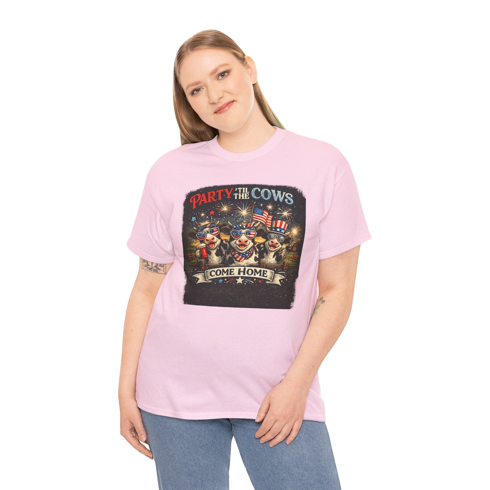 Independence Day 'Party 'Til the Cows Come Home' T-Shirt — Fireworks & Cow Graphic