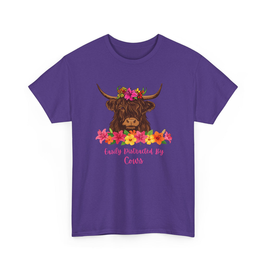 Cow Mom Floral Tee — 'Easily Distracted By Cows' Highland Cow Graphic Shirt