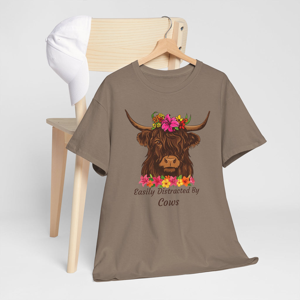 Highland Cow Floral Tee — "Easily Distracted by Cows" Cute Cow Graphic T-Shirt