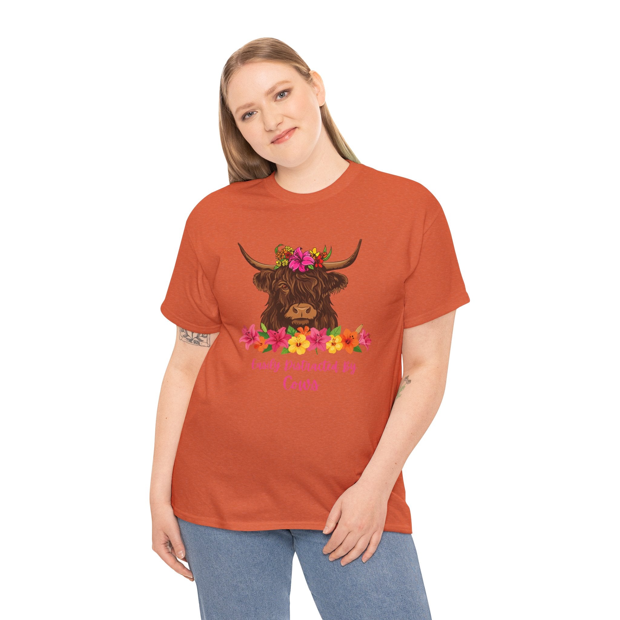 Cow Mom Floral Tee — 'Easily Distracted By Cows' Highland Cow Graphic Shirt