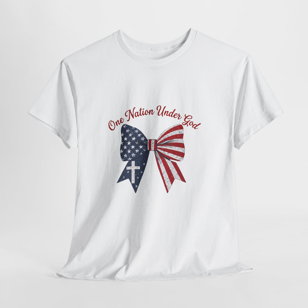Patriotic Bow Tee — "One Nation Under God" American Flag Cross T-Shirt