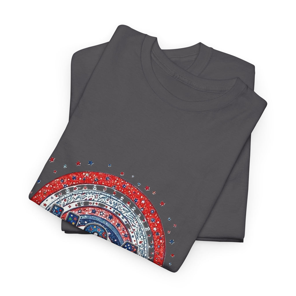 USA Retro Rainbow T-Shirt — Patriotic Fourth of July Tee with Stars & Flowers