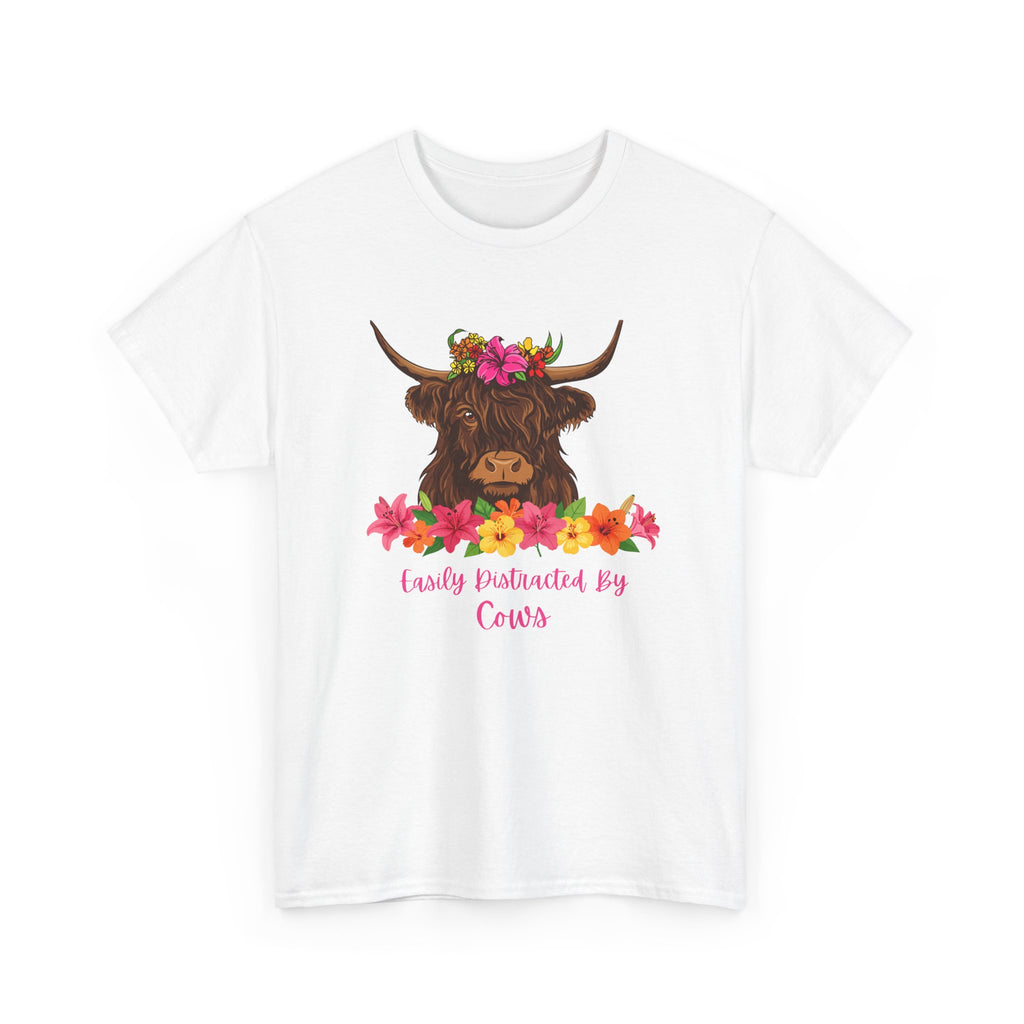 Cow Mom Floral Tee — 'Easily Distracted By Cows' Highland Cow Graphic Shirt