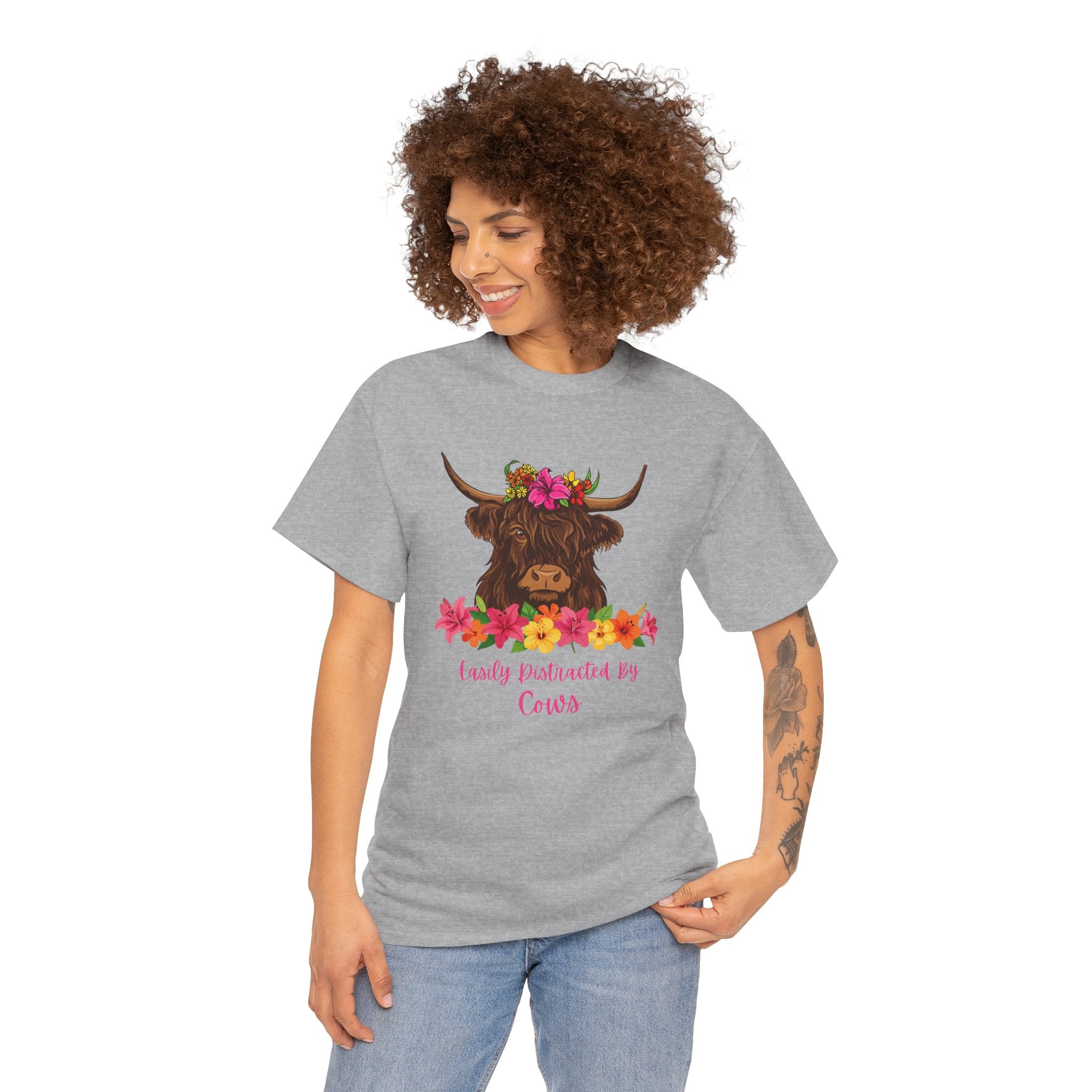 Cow Mom Floral Tee — 'Easily Distracted By Cows' Highland Cow Graphic Shirt
