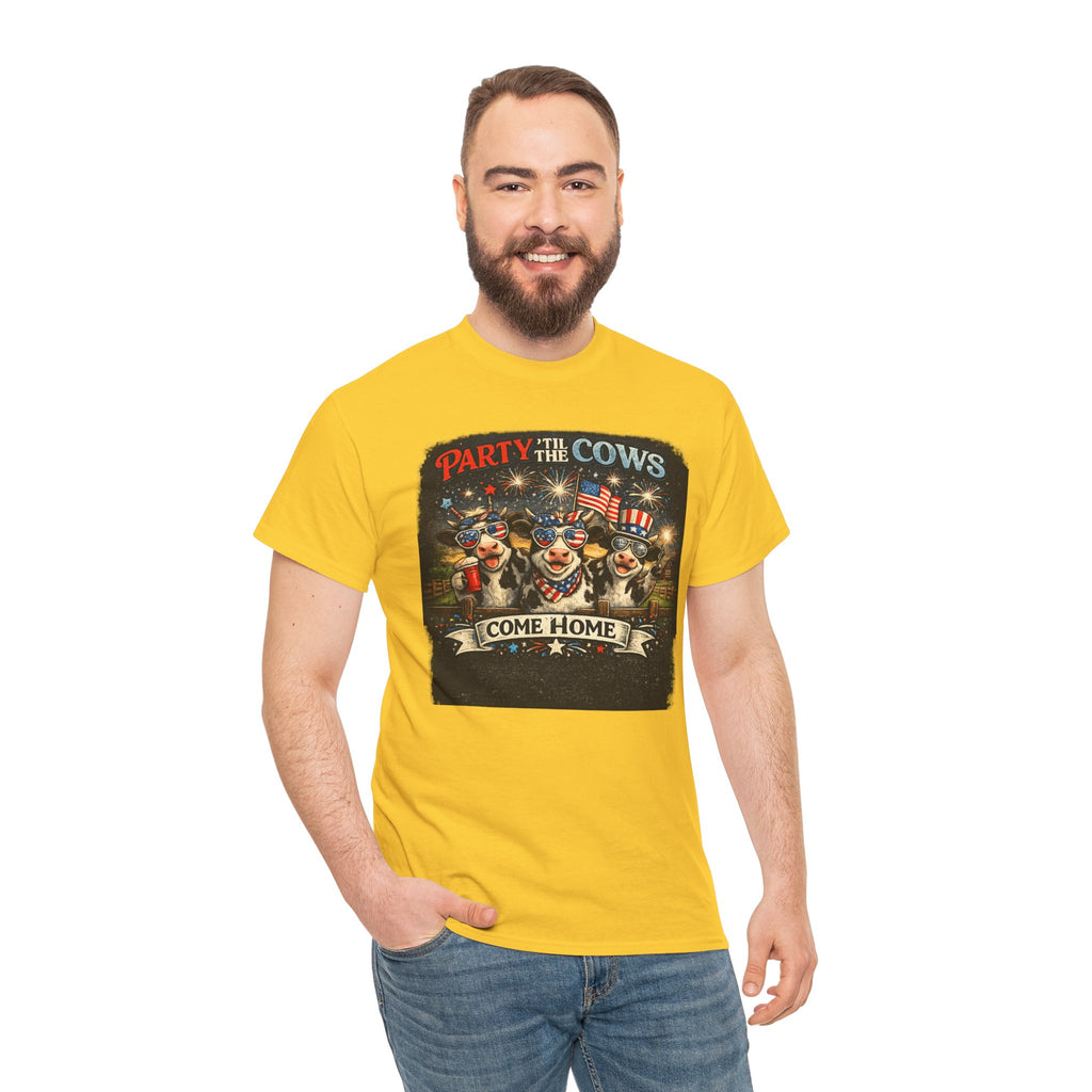 Independence Day 'Party 'Til the Cows Come Home' T-Shirt — Fireworks & Cow Graphic