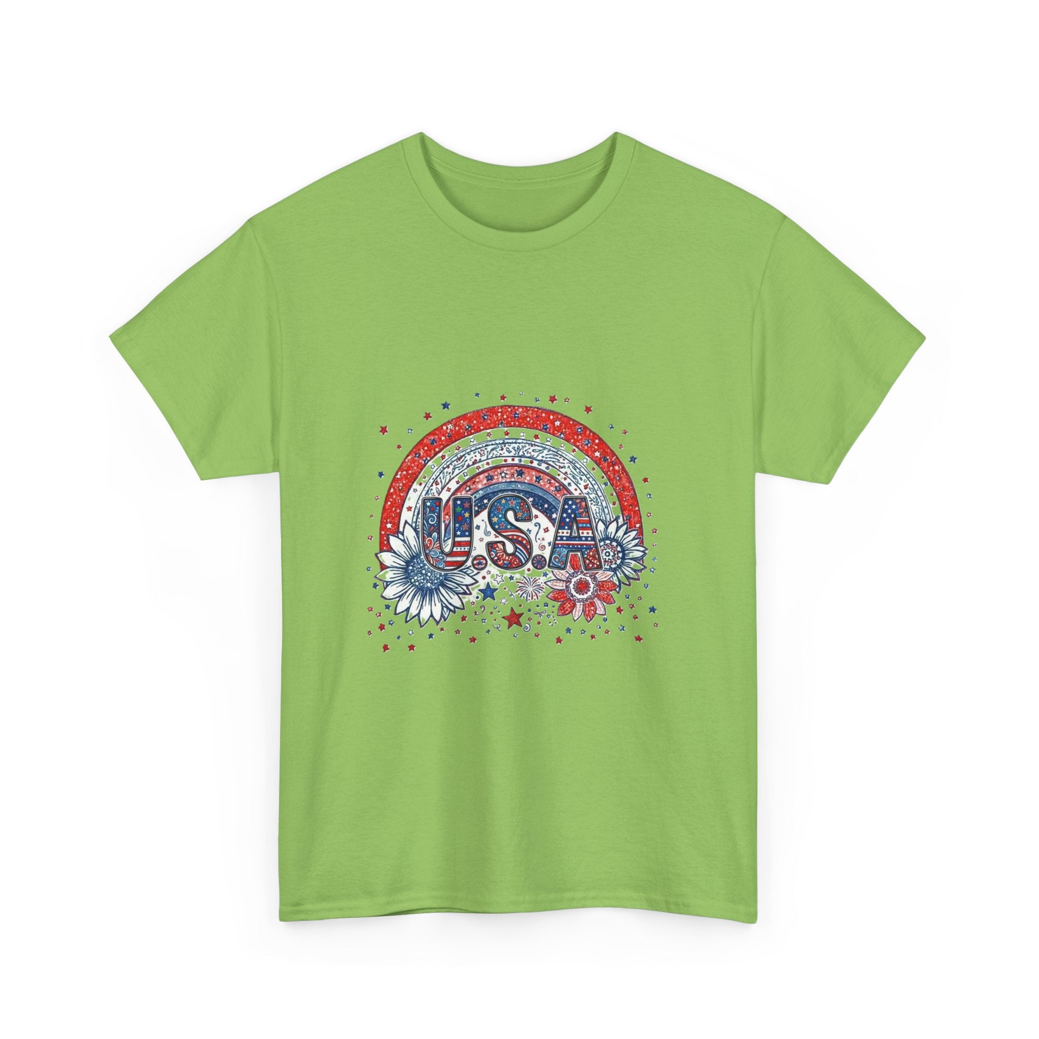 USA Retro Rainbow T-Shirt — Patriotic Fourth of July Tee with Stars & Flowers