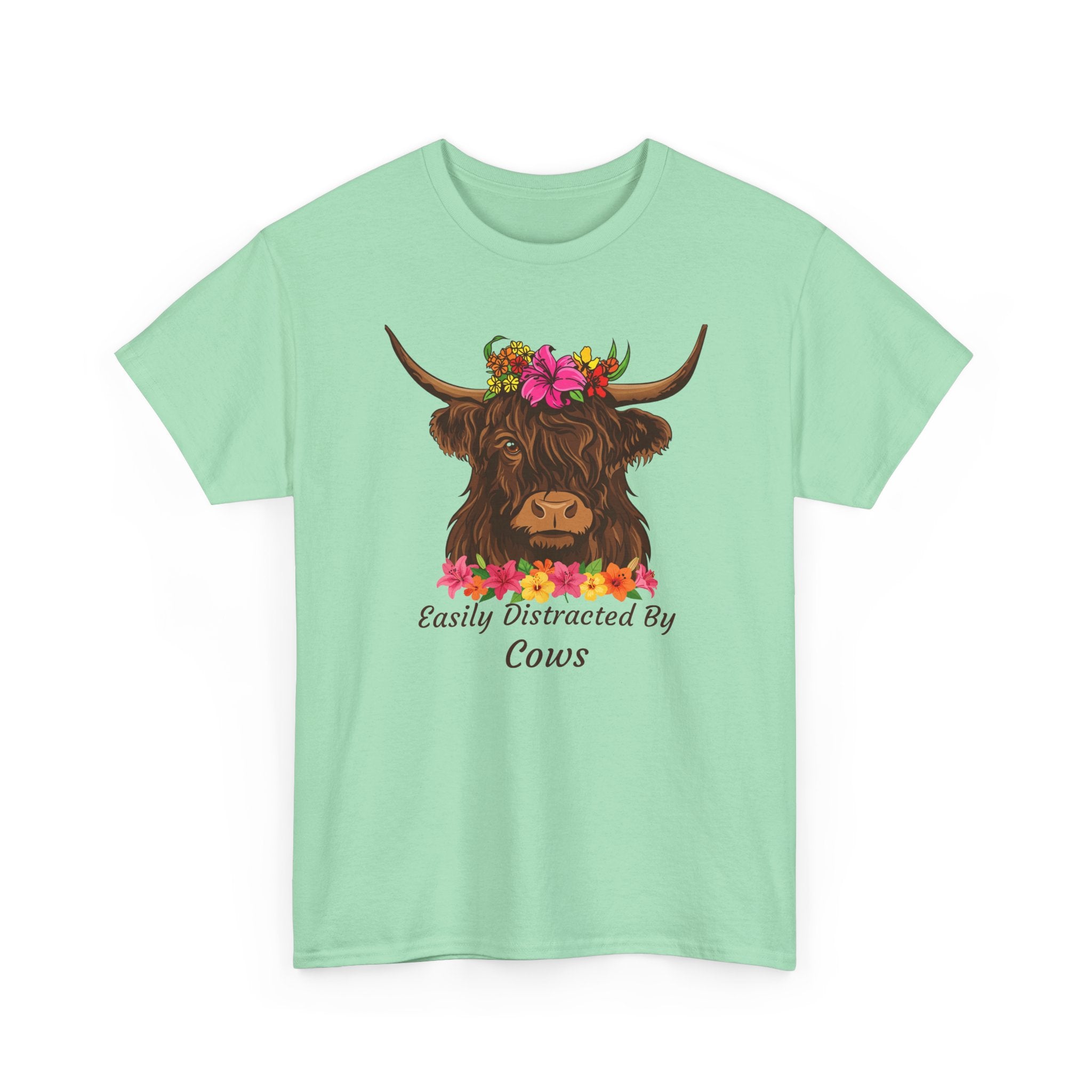 Highland Cow Floral Tee — "Easily Distracted by Cows" Cute Cow Graphic T-Shirt