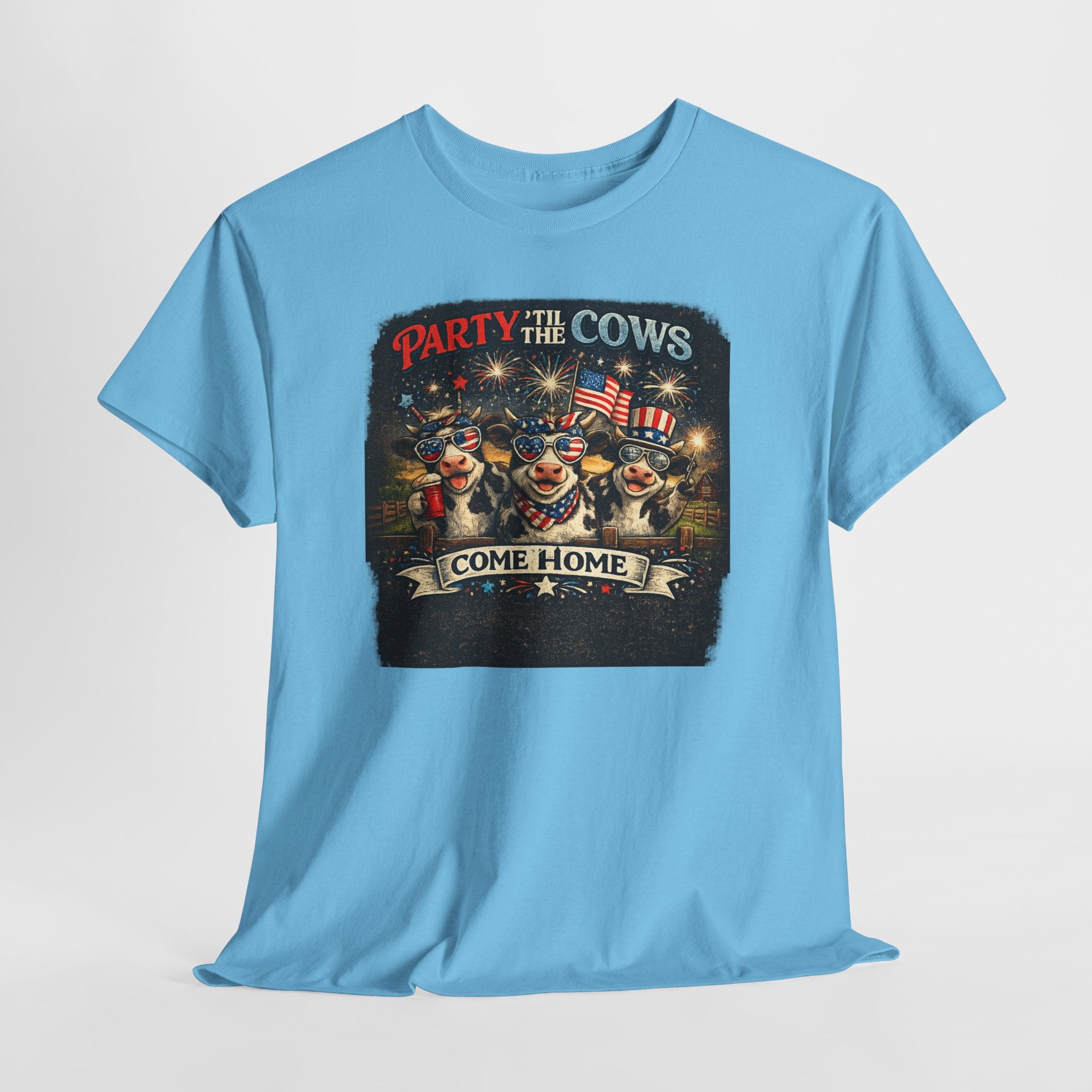 Independence Day 'Party 'Til the Cows Come Home' T-Shirt — Fireworks & Cow Graphic