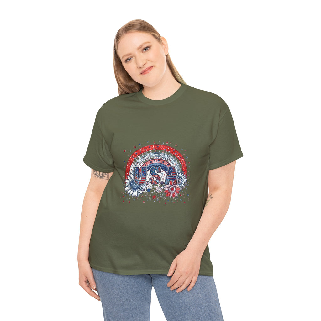 USA Retro Rainbow T-Shirt — Patriotic Fourth of July Tee with Stars & Flowers
