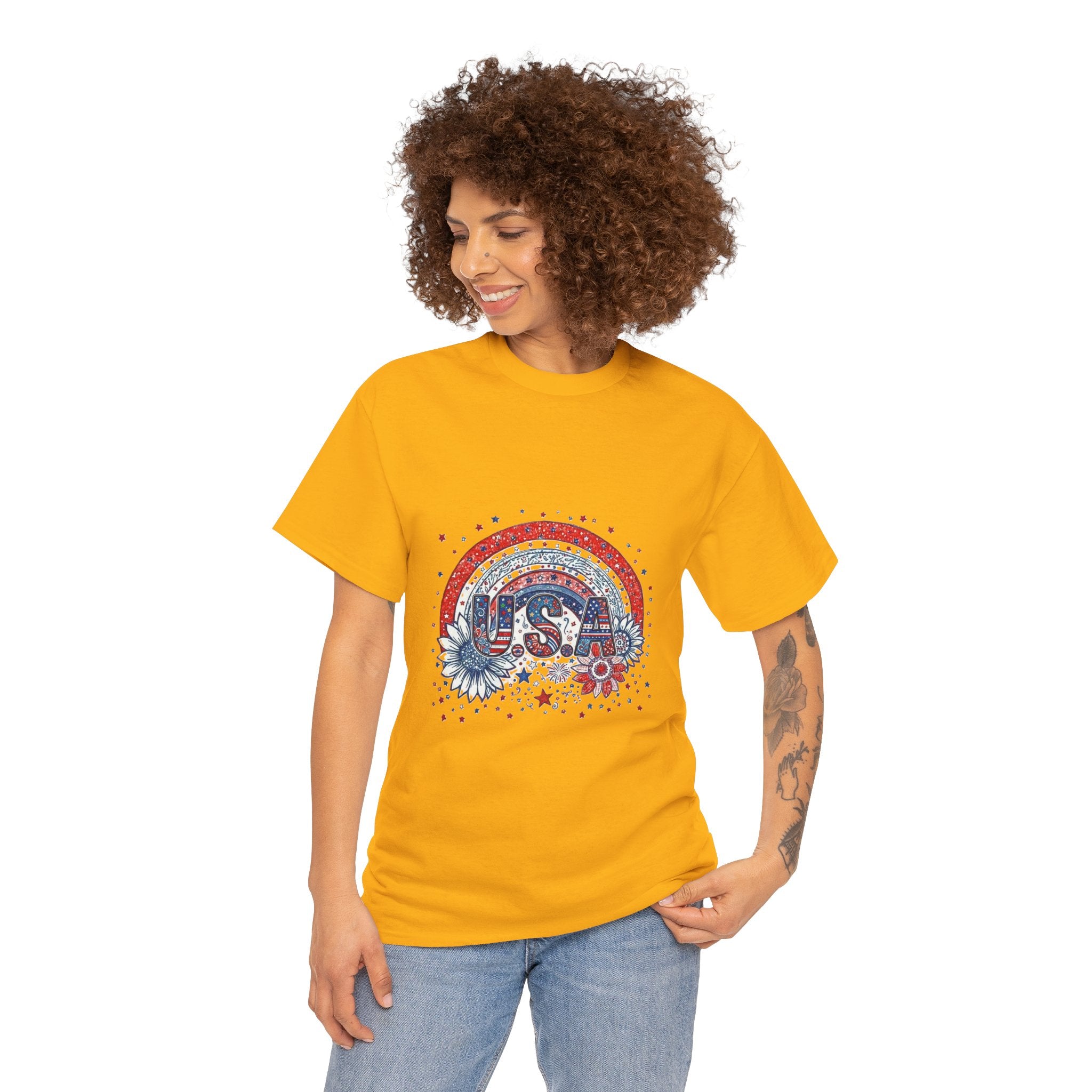 USA Retro Rainbow T-Shirt — Patriotic Fourth of July Tee with Stars & Flowers