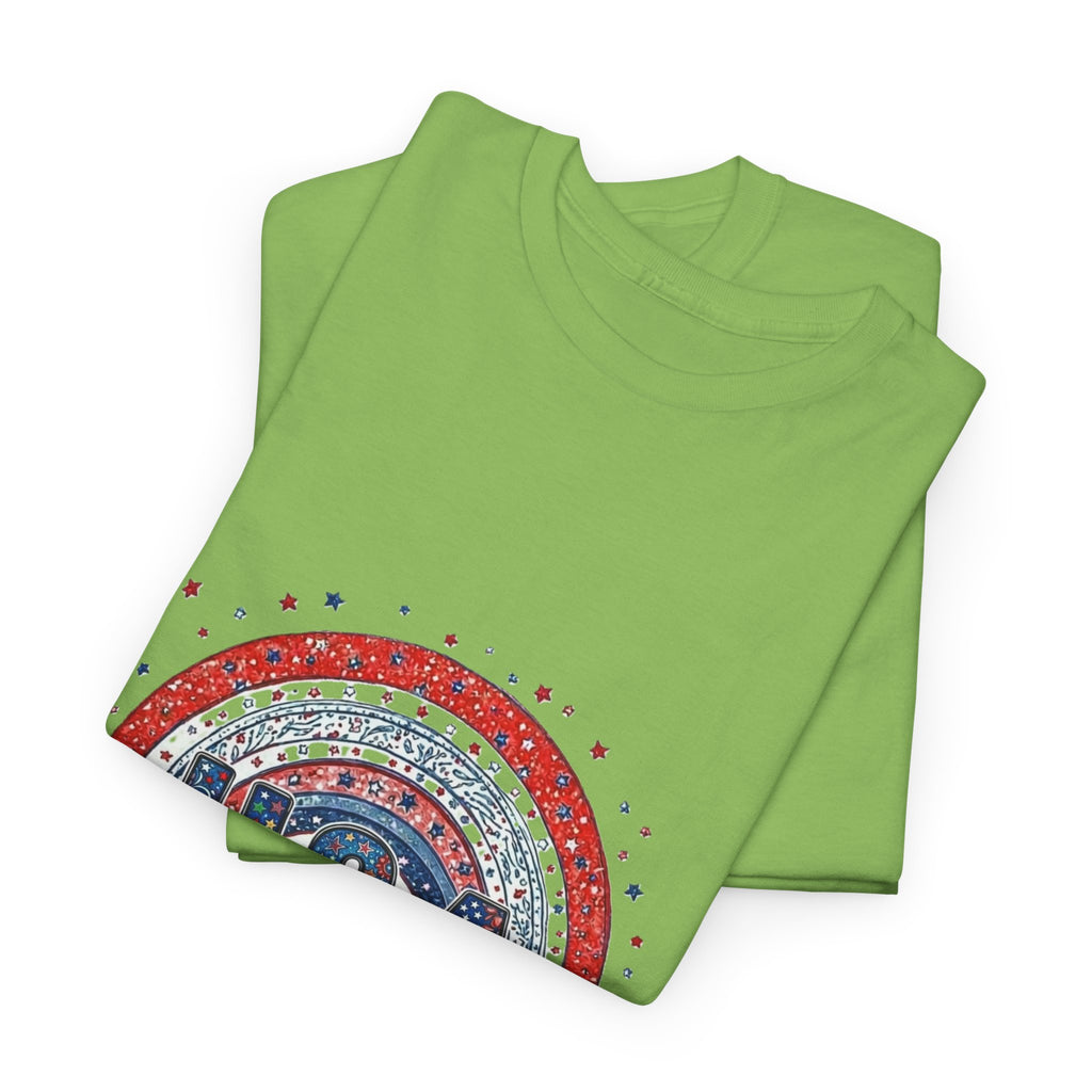 USA Retro Rainbow T-Shirt — Patriotic Fourth of July Tee with Stars & Flowers