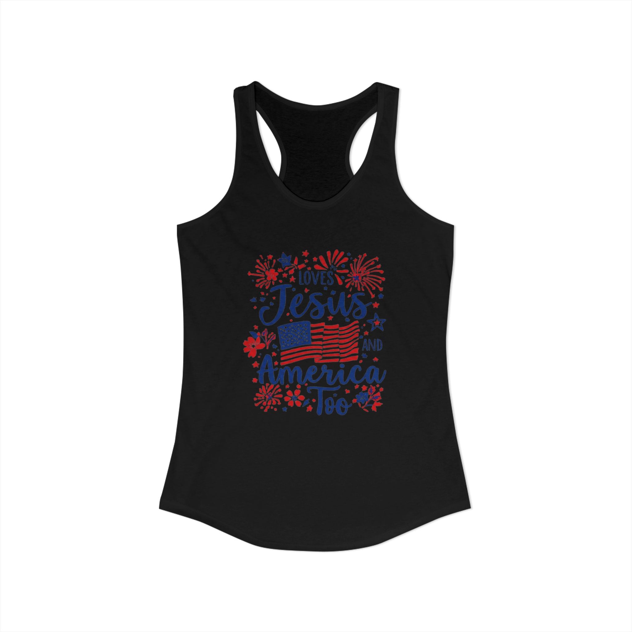 Loves Jesus and America Too Racerback Tank — Patriotic Christian Women's Tank