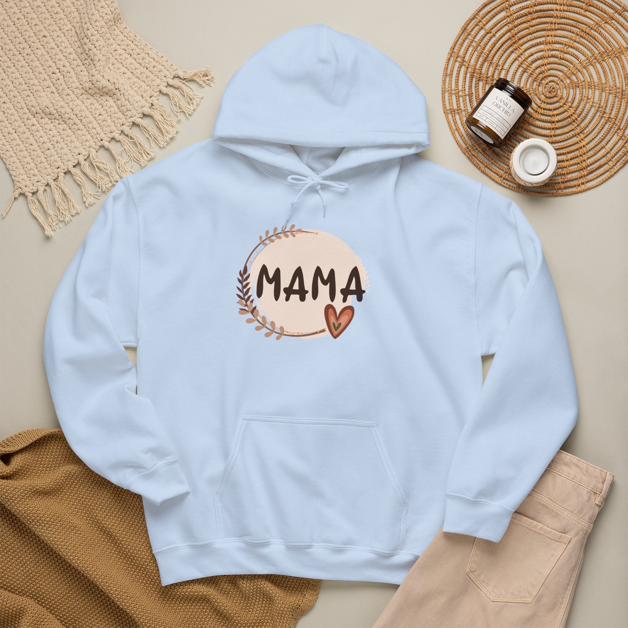 Mama Heart Hoodie — Soft Neutral Mom Sweatshirt, 'MAMA' Script with Heart & Wreath (Mother’s Day Gift)