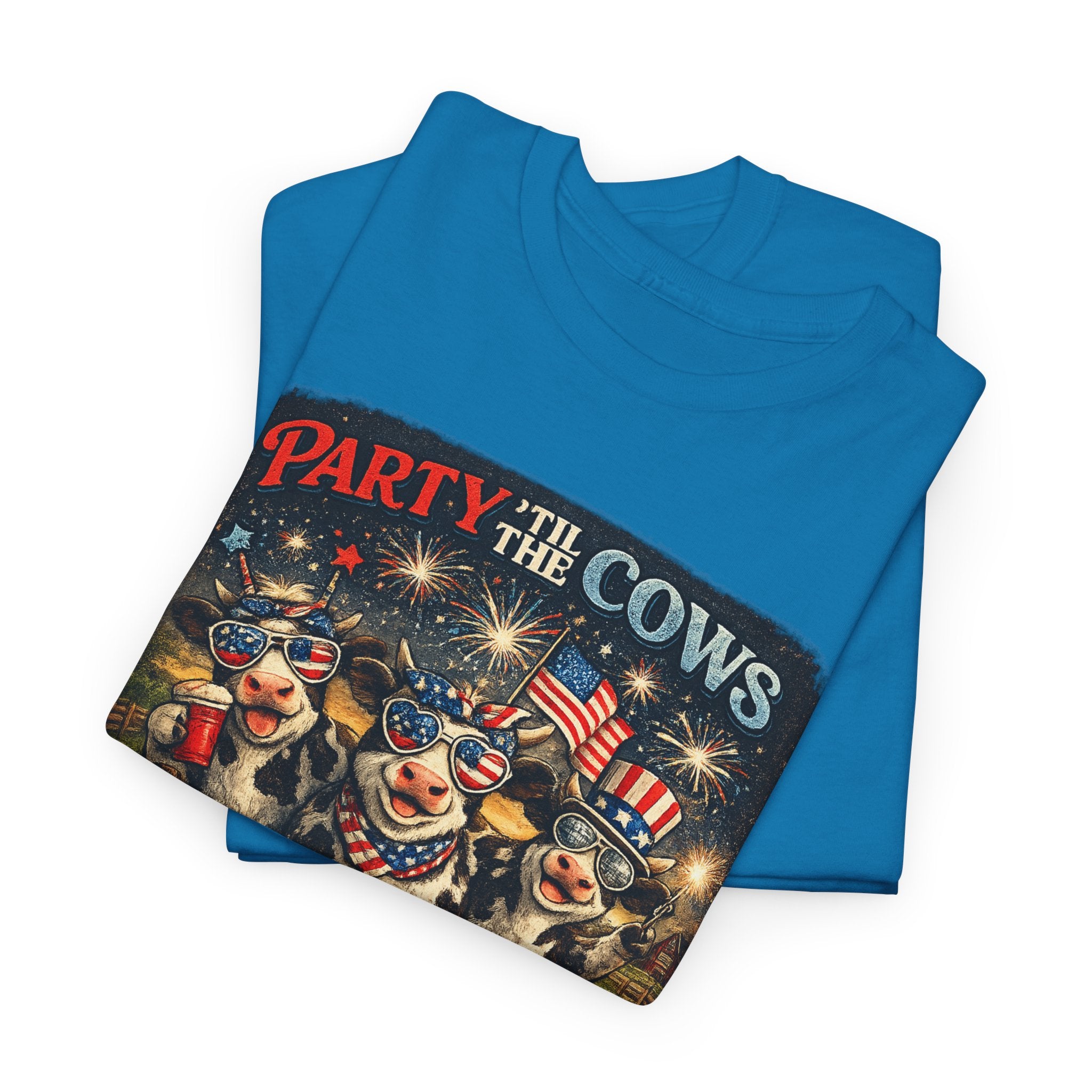 Independence Day 'Party 'Til the Cows Come Home' T-Shirt — Fireworks & Cow Graphic