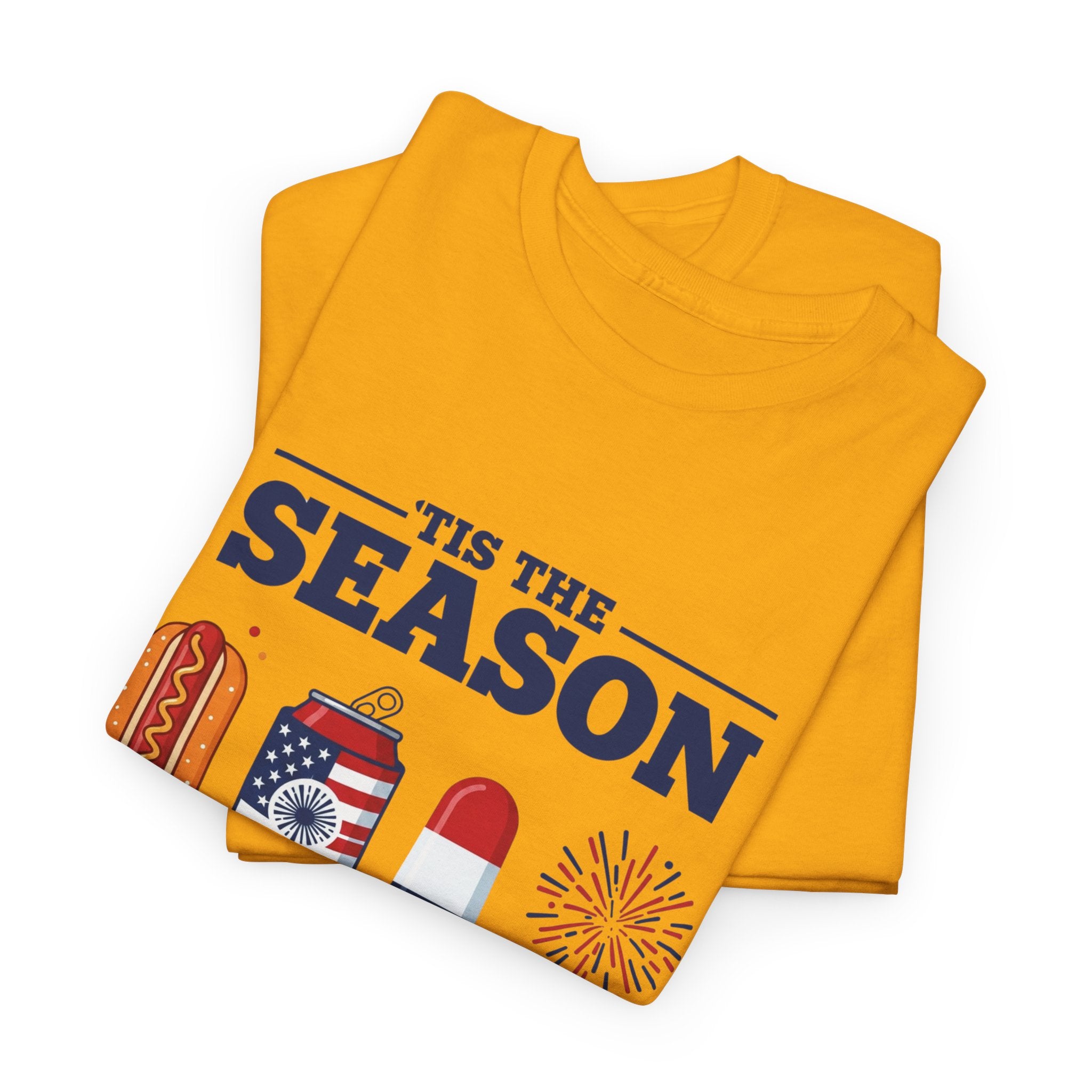 Fourth of July Tee — "'Tis the Season" Patriotic Hot Dog, Popsicle & Fireworks T-Shirt