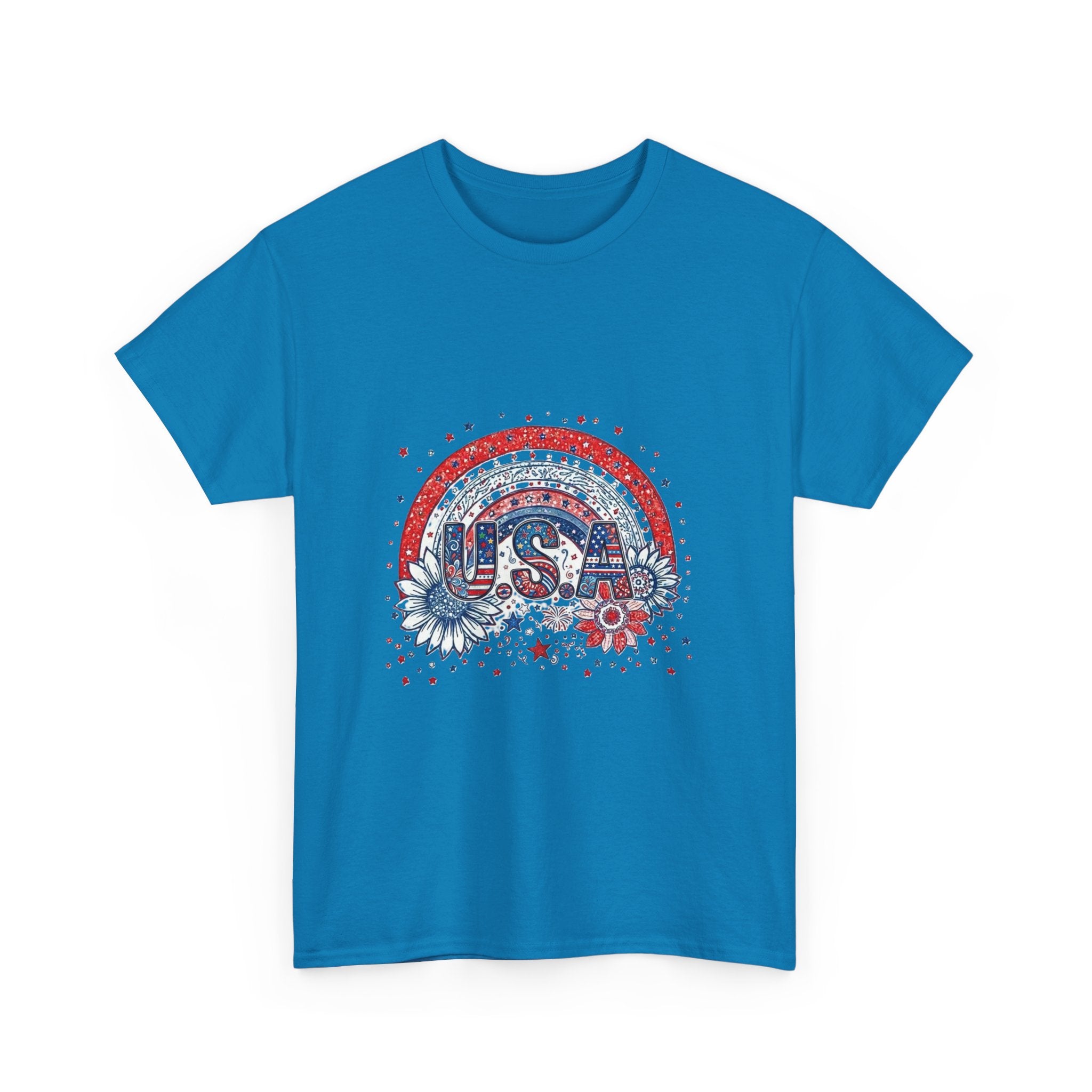 USA Retro Rainbow T-Shirt — Patriotic Fourth of July Tee with Stars & Flowers