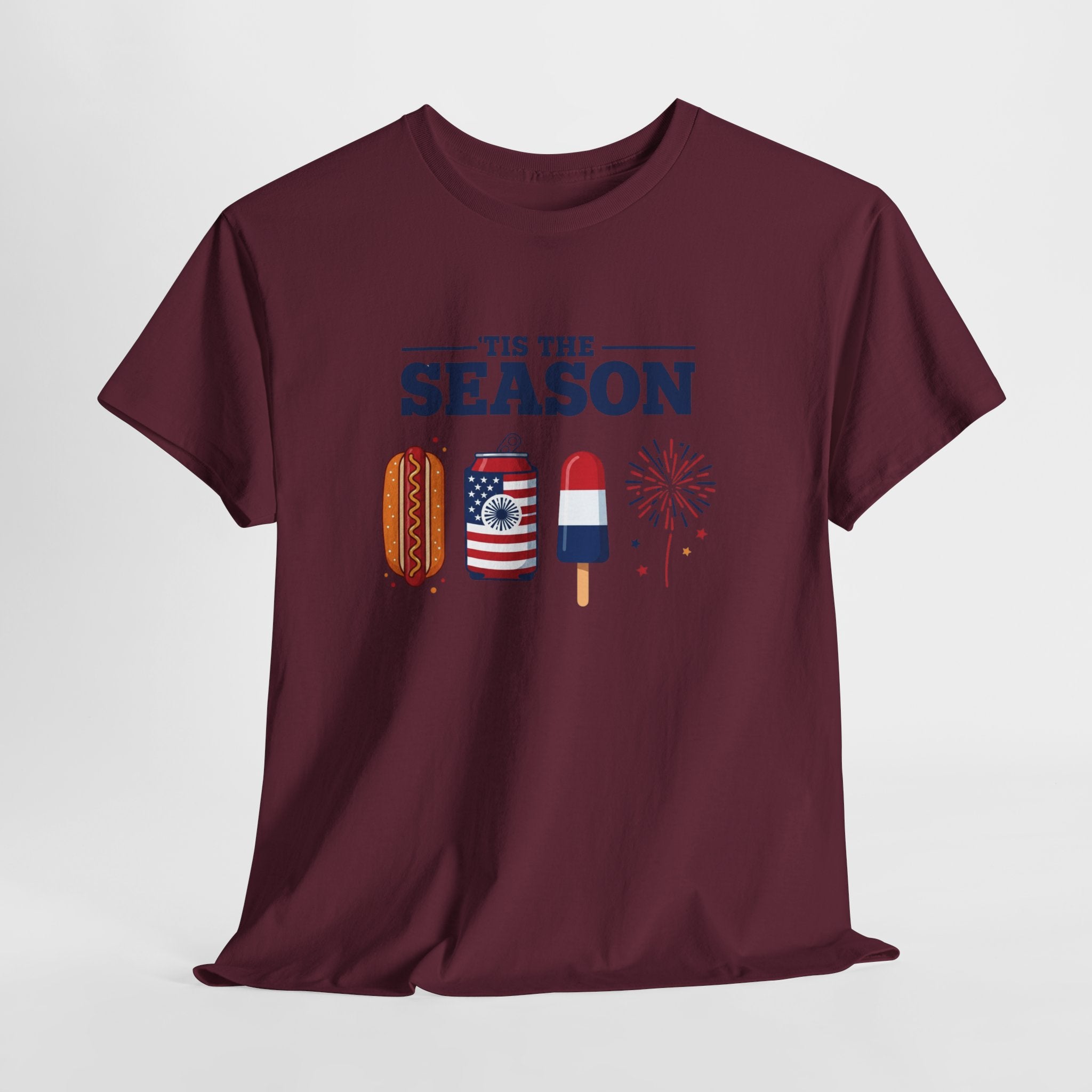 Fourth of July Tee — "'Tis the Season" Patriotic Hot Dog, Popsicle & Fireworks T-Shirt