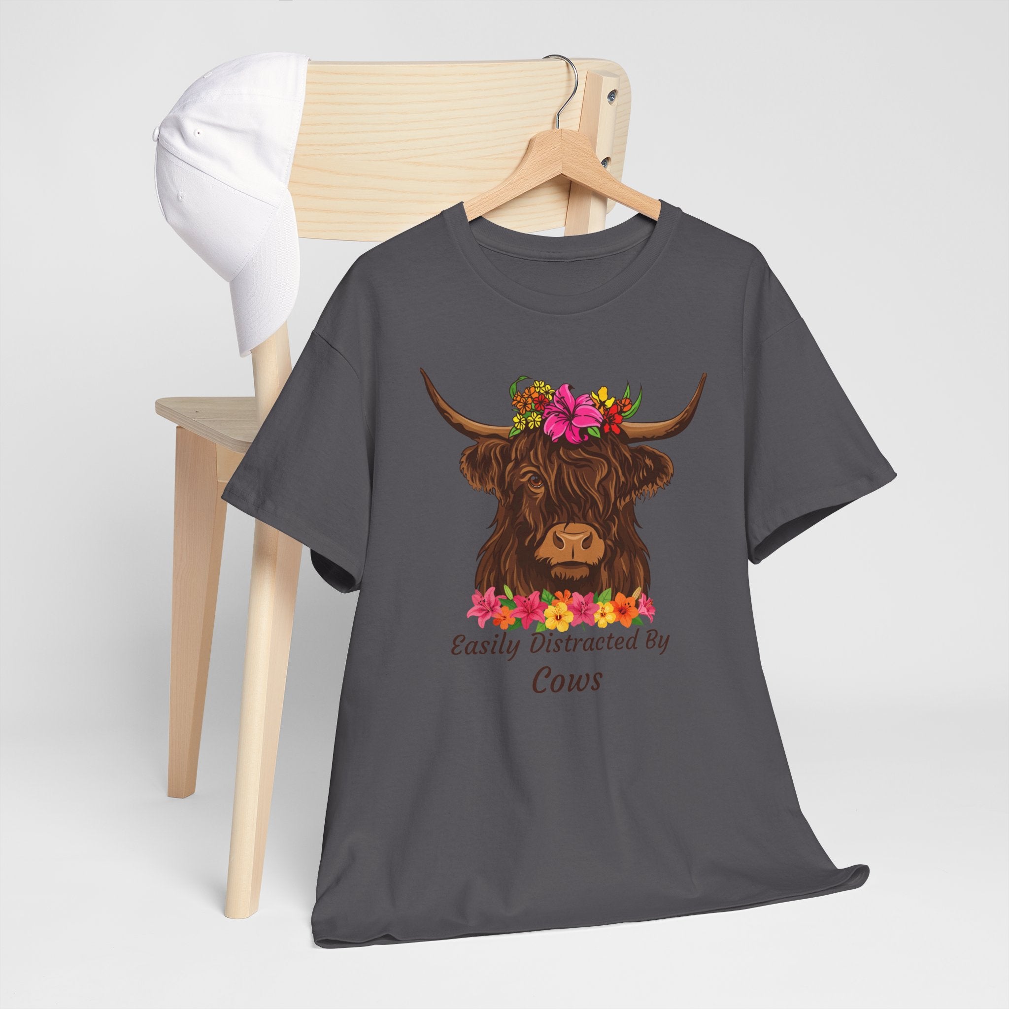 Highland Cow Floral Tee — "Easily Distracted by Cows" Cute Cow Graphic T-Shirt