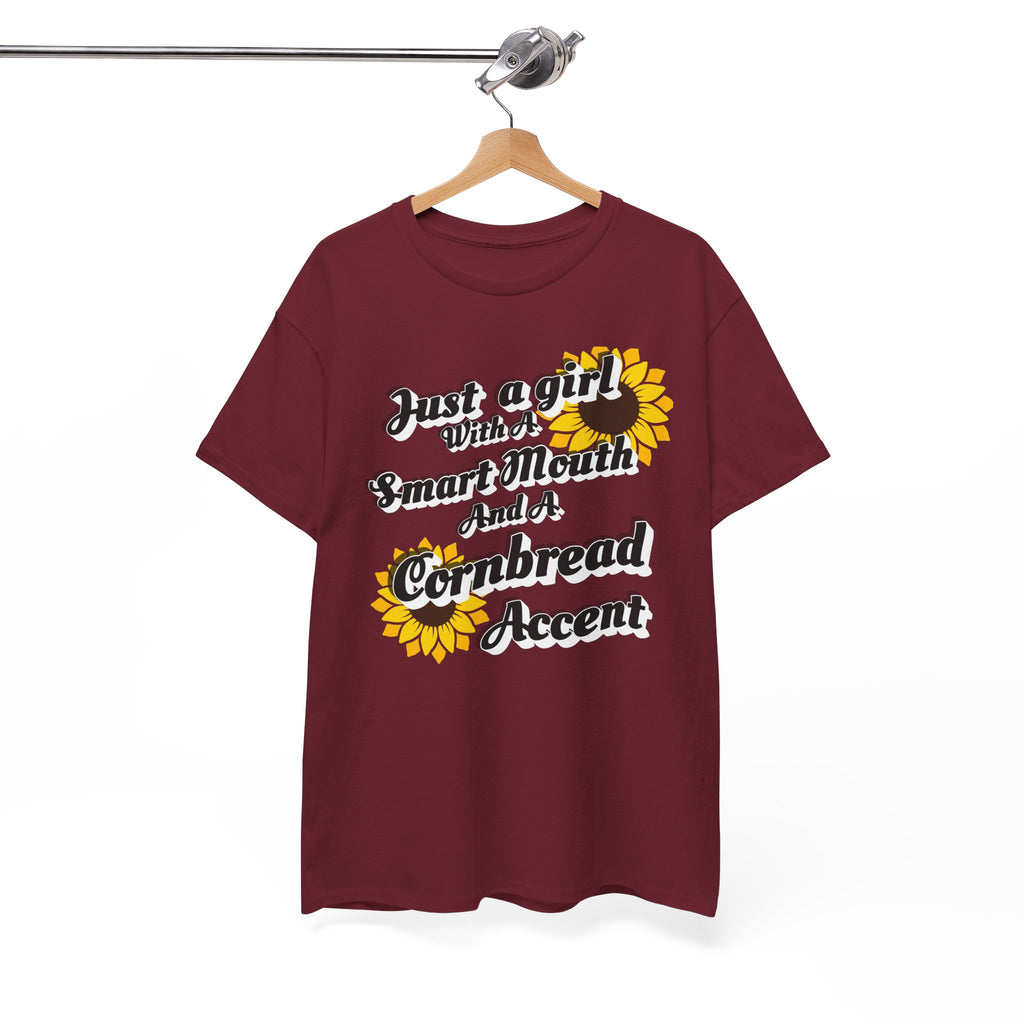 Cornbread Accent T-Shirt – "Just a Girl with a Smart Mouth and a Cornbread Accent" Sunflower Graphic