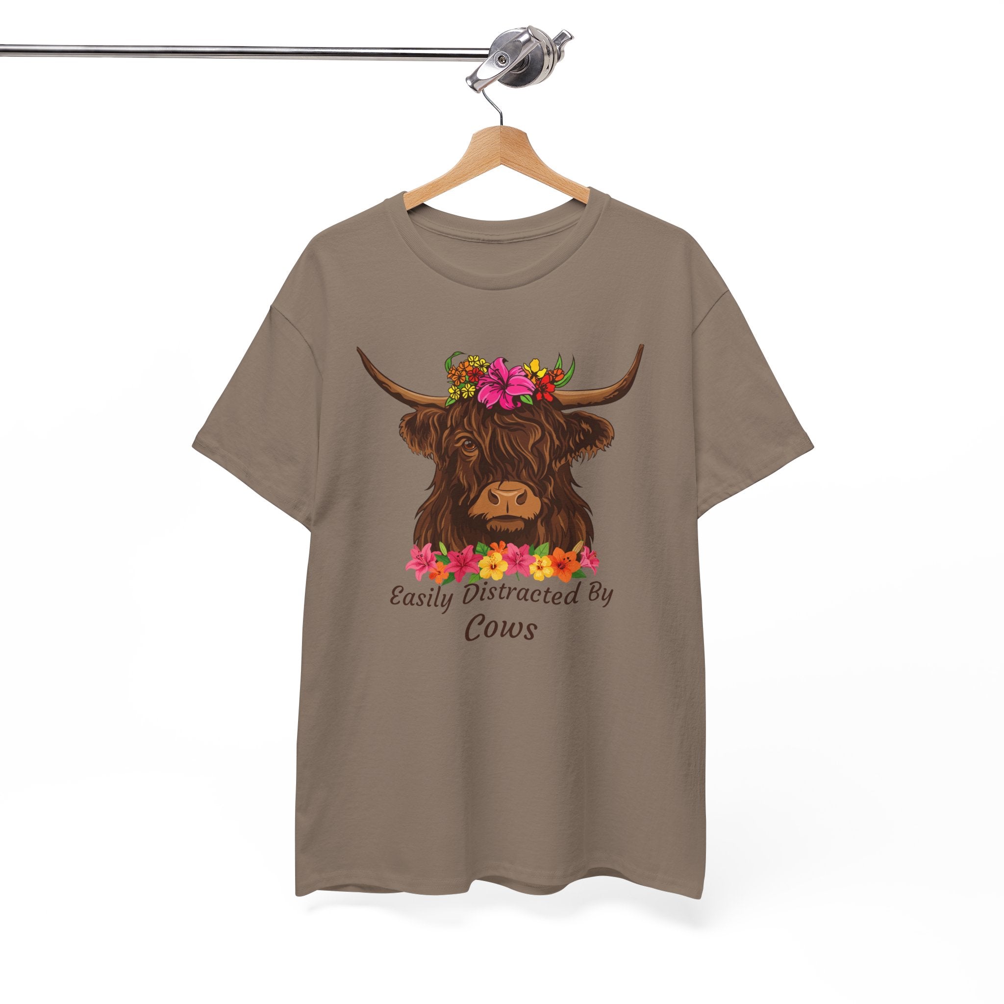Highland Cow Floral Tee — "Easily Distracted by Cows" Cute Cow Graphic T-Shirt