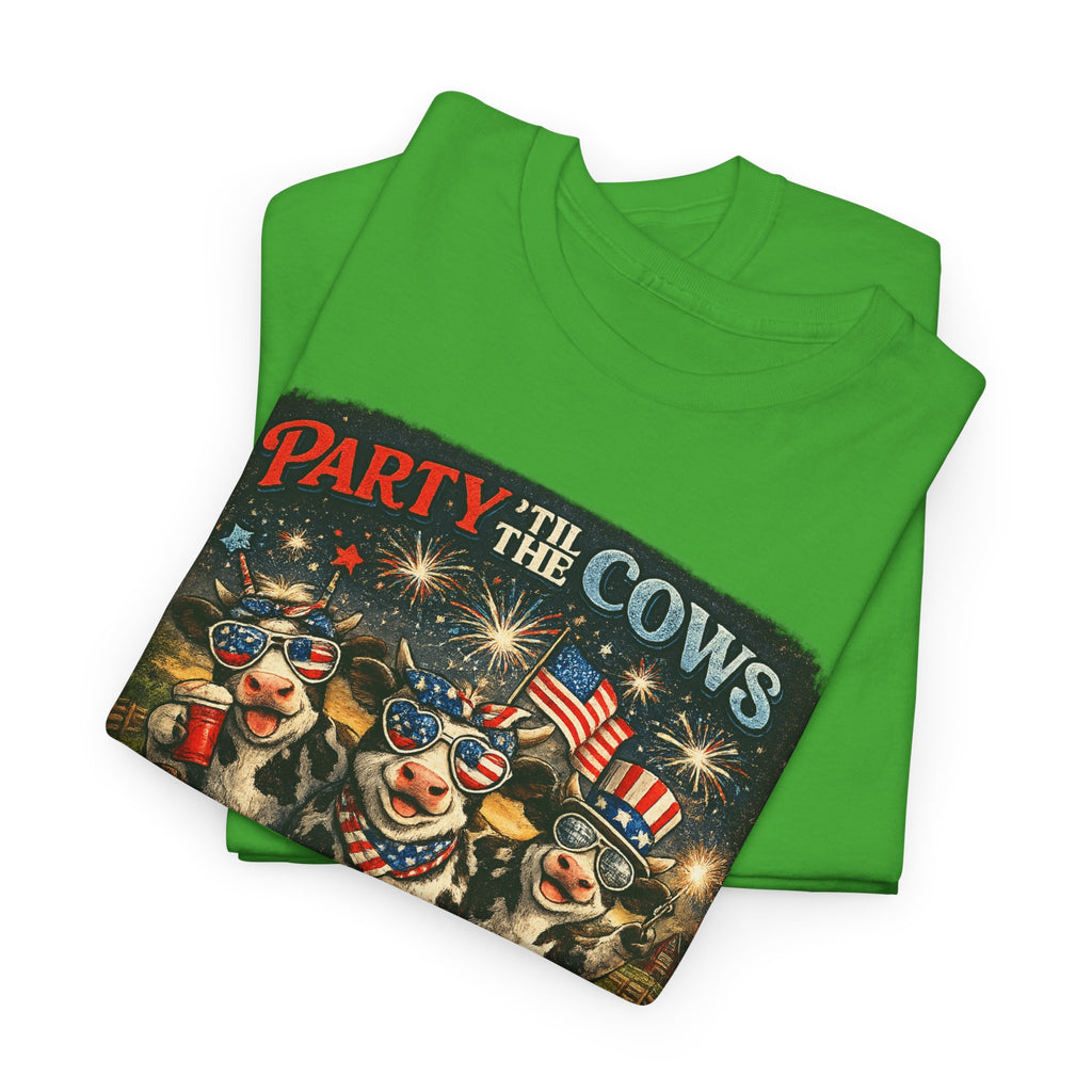 Independence Day 'Party 'Til the Cows Come Home' T-Shirt — Fireworks & Cow Graphic