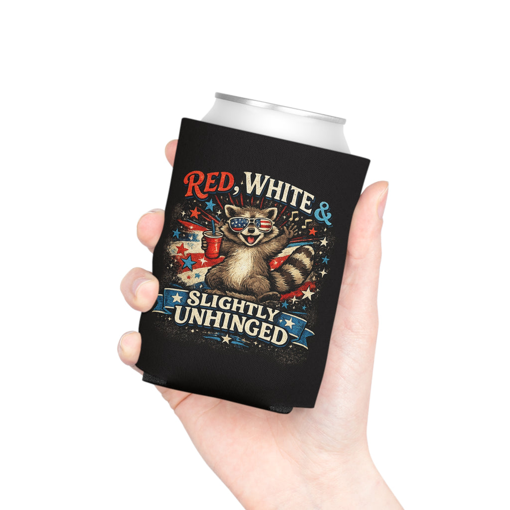 Can Cooler - "Red, White & Slightly Unhinged" Patriotic Raccoon Beer Koozie