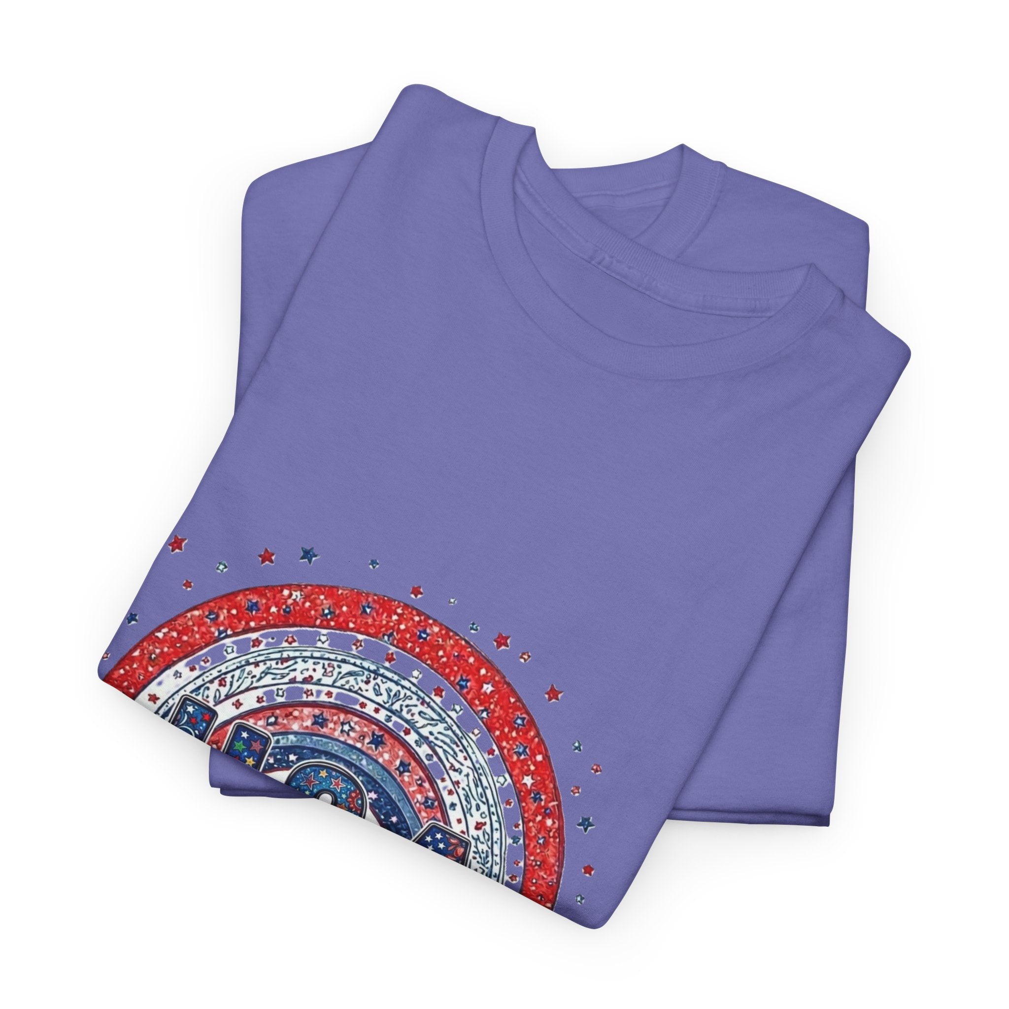USA Retro Rainbow T-Shirt — Patriotic Fourth of July Tee with Stars & Flowers