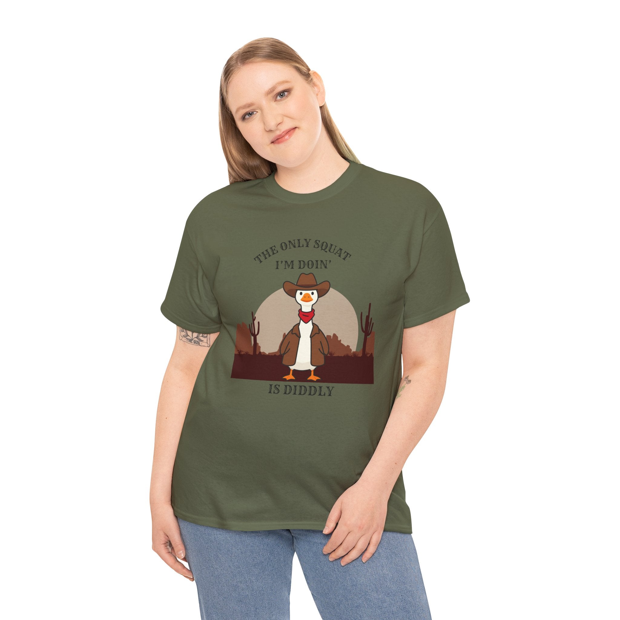 Cowboy Duck Graphic Tee — "The Only Squat I'm Doin' Is Diddly" Cute Western Animal T-Shirt