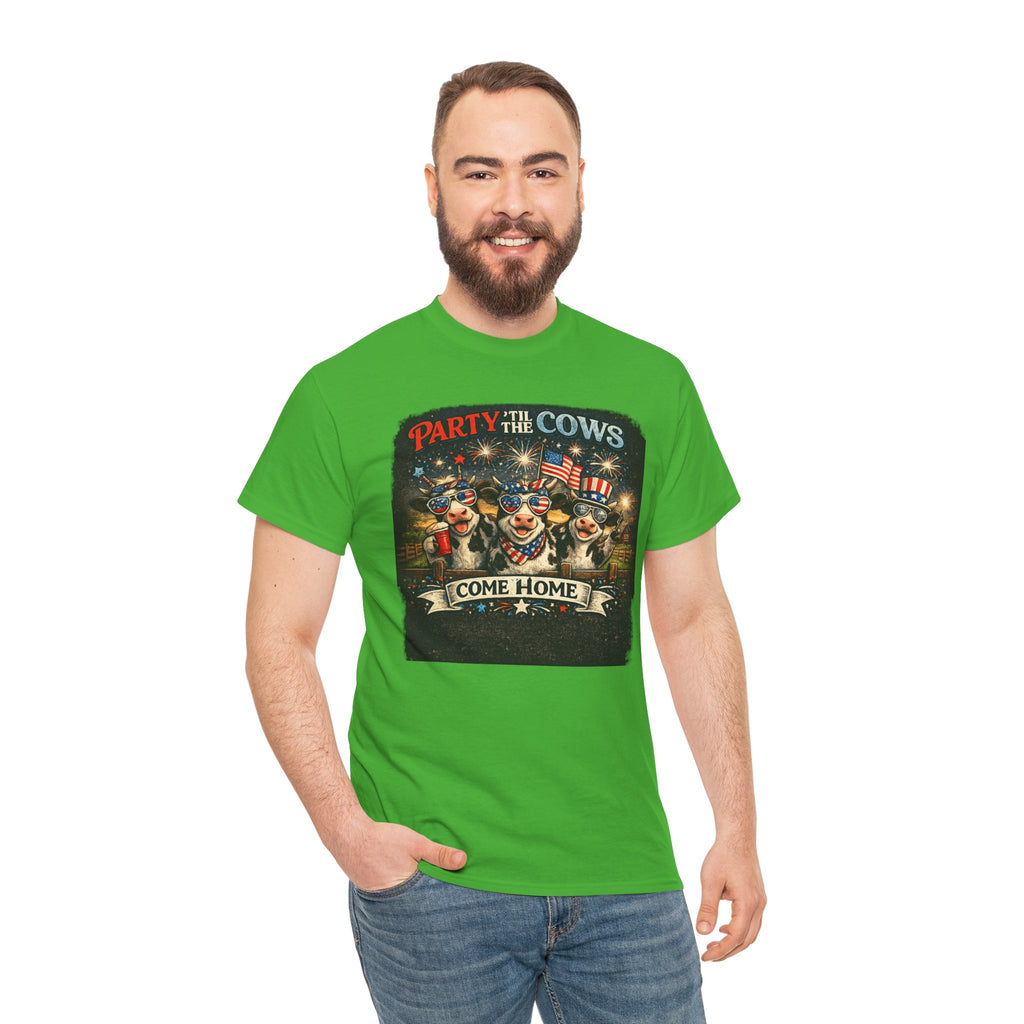 Independence Day 'Party 'Til the Cows Come Home' T-Shirt — Fireworks & Cow Graphic