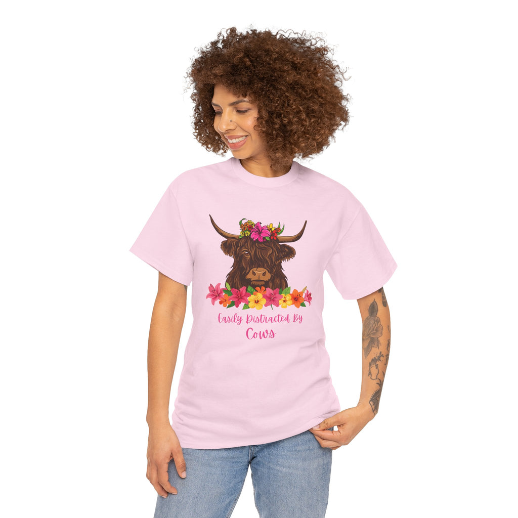 Cow Mom Floral Tee — 'Easily Distracted By Cows' Highland Cow Graphic Shirt