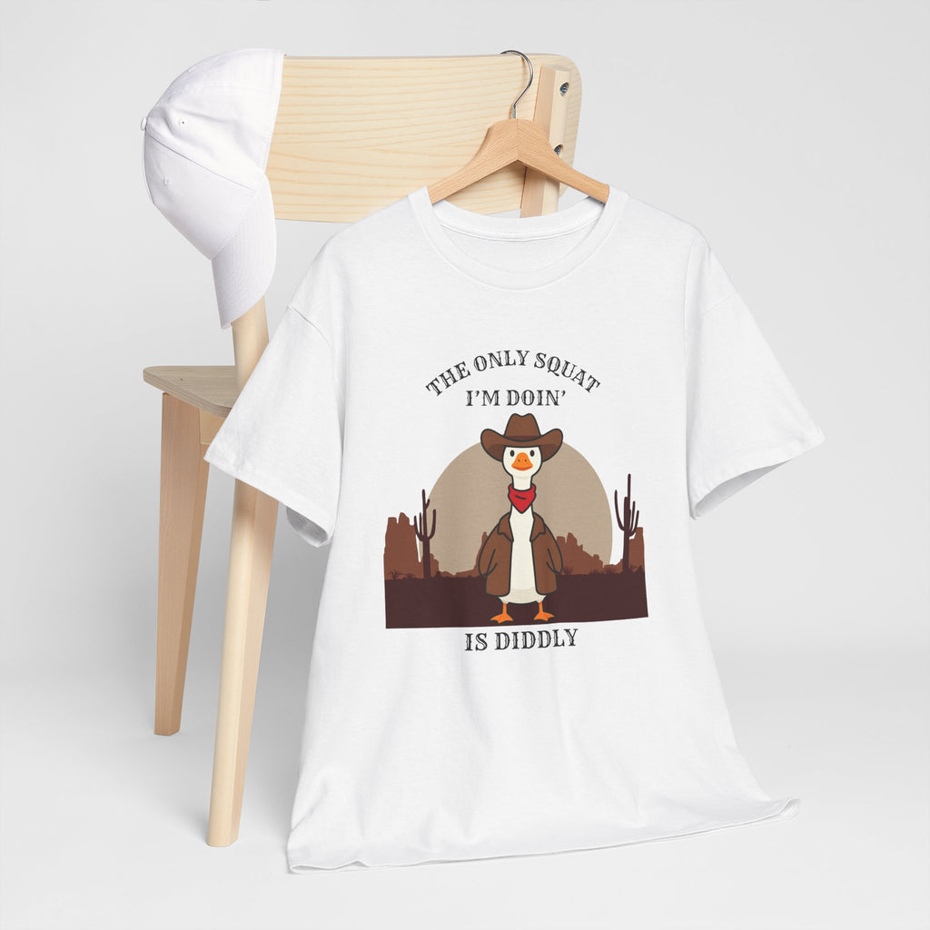 Cowboy Duck Graphic Tee — "The Only Squat I'm Doin' Is Diddly" Cute Western Animal T-Shirt