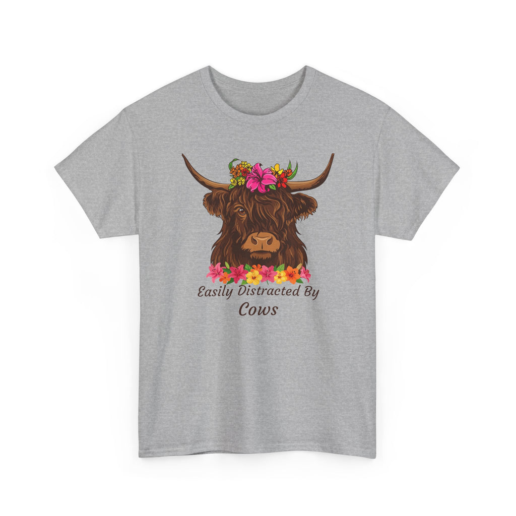 Highland Cow Floral Tee — "Easily Distracted by Cows" Cute Cow Graphic T-Shirt