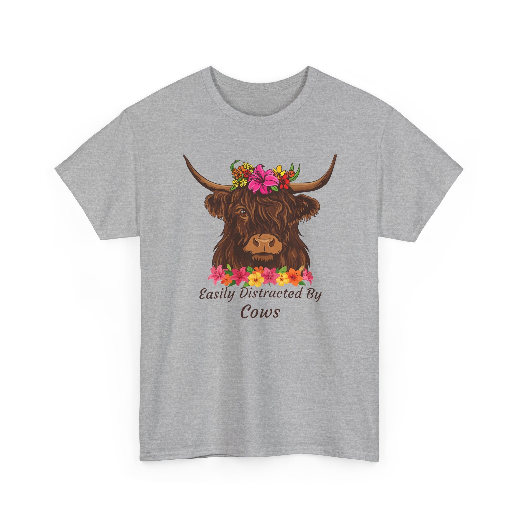 Highland Cow Floral Tee — "Easily Distracted by Cows" Cute Cow Graphic T-Shirt