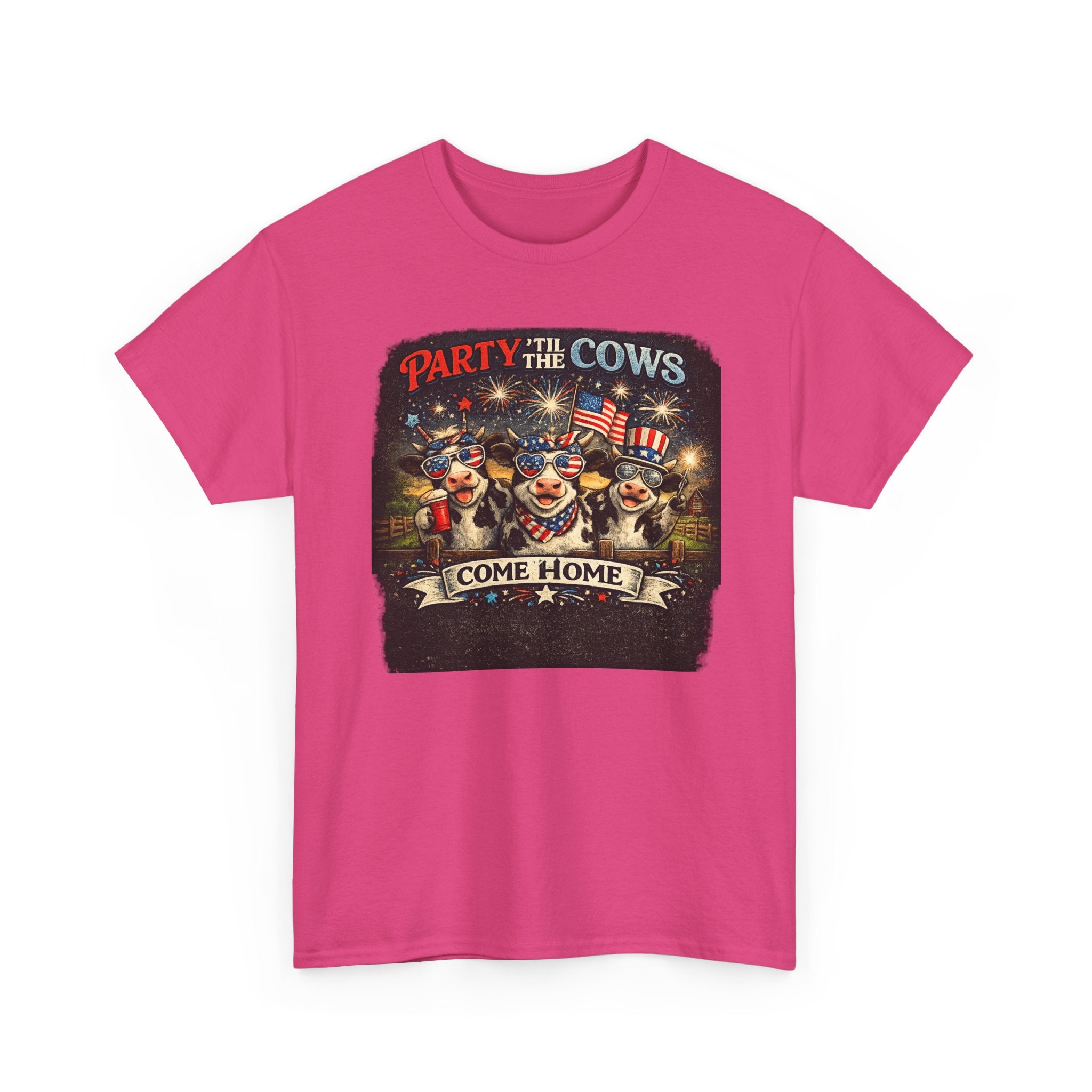 Independence Day 'Party 'Til the Cows Come Home' T-Shirt — Fireworks & Cow Graphic