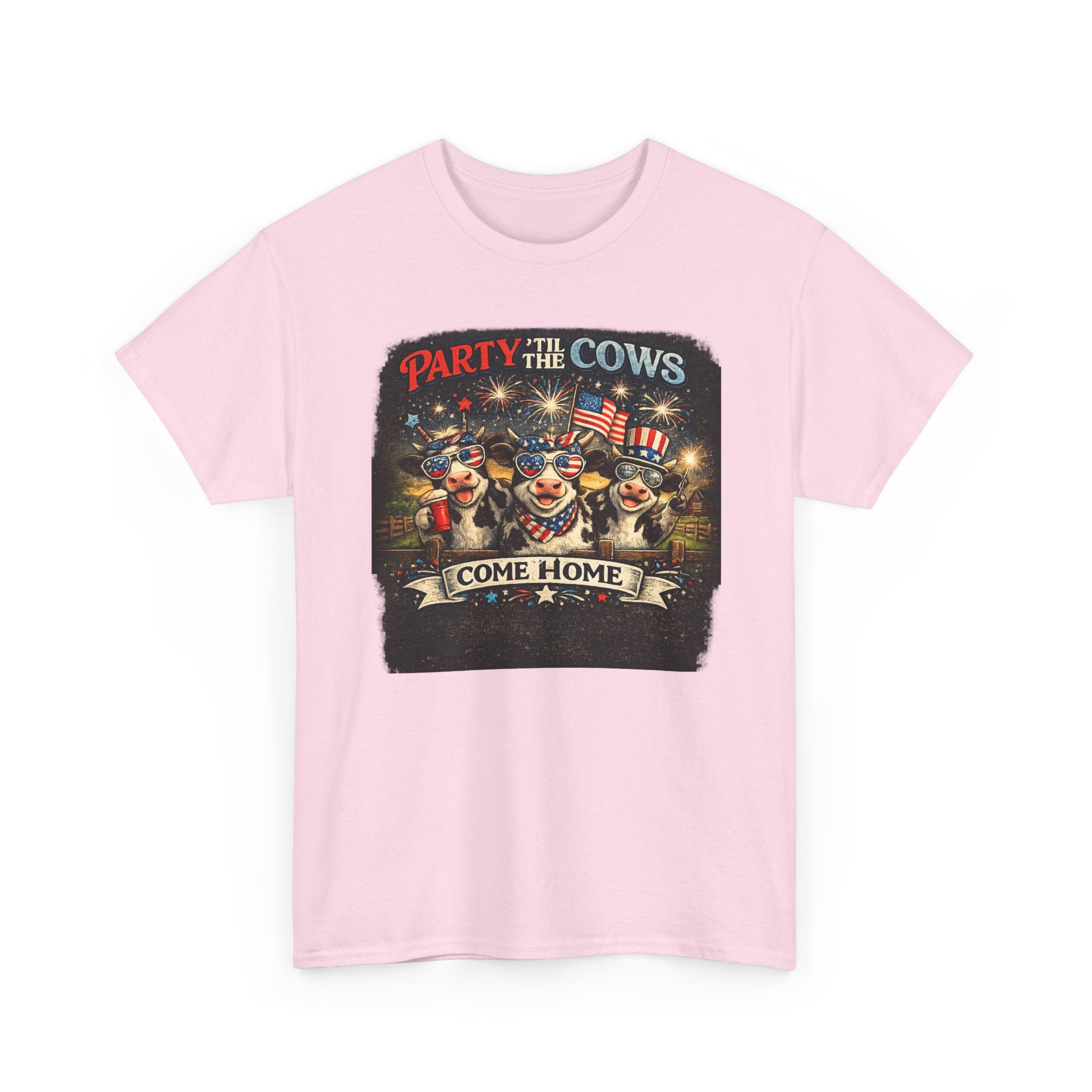 Independence Day 'Party 'Til the Cows Come Home' T-Shirt — Fireworks & Cow Graphic