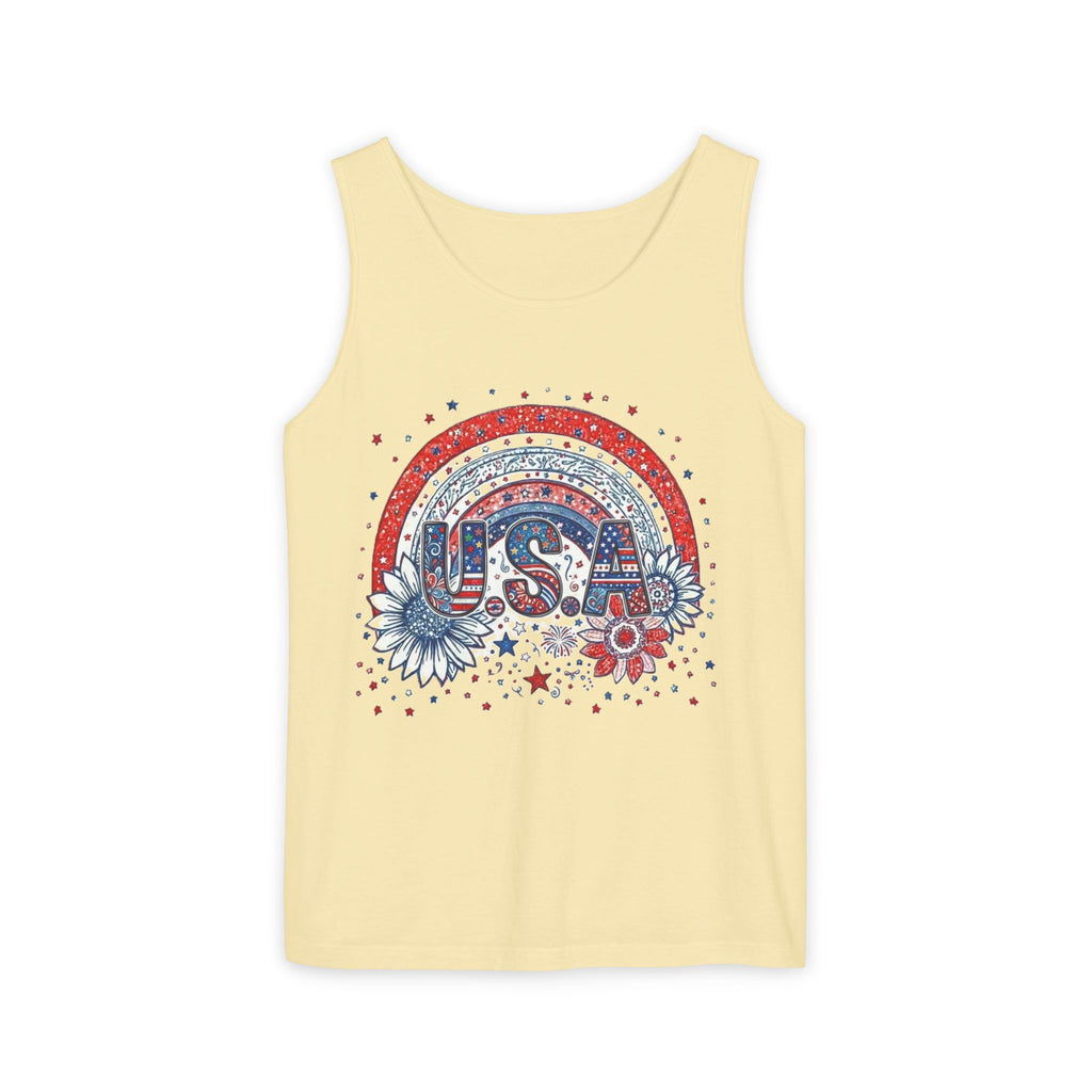 USA Rainbow Floral Tank Top — Patriotic 4th of July Sleeveless Tee