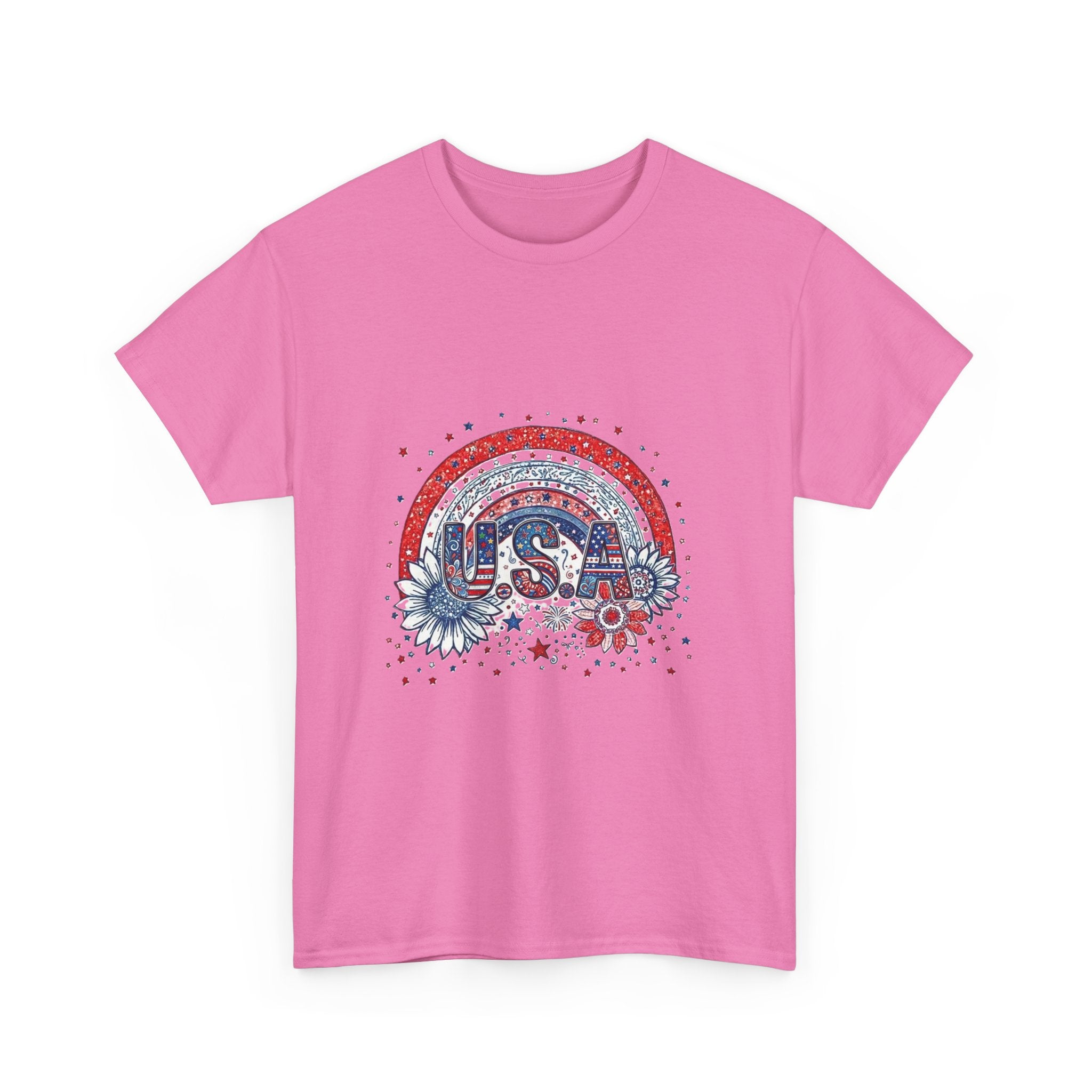 USA Retro Rainbow T-Shirt — Patriotic Fourth of July Tee with Stars & Flowers