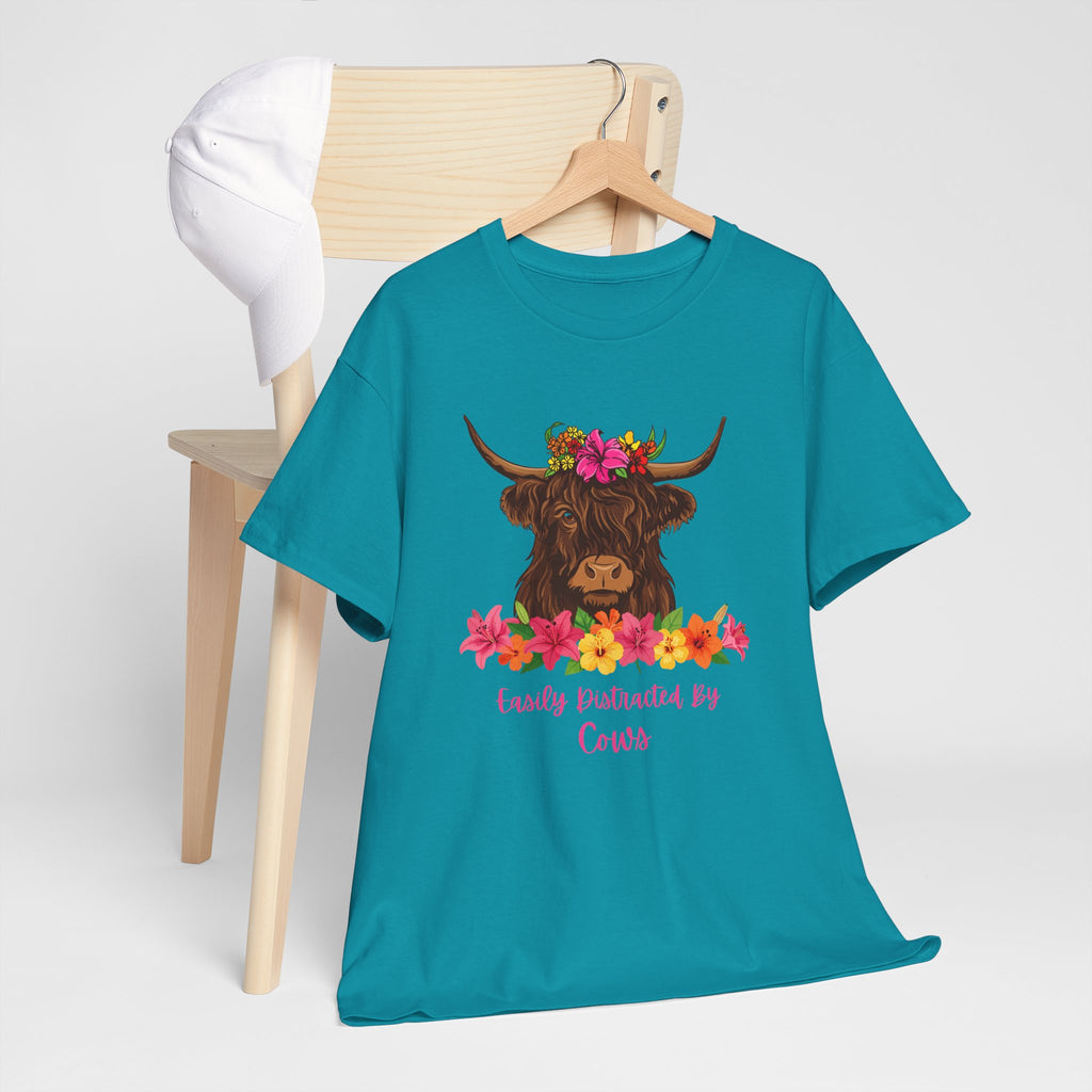 Cow Mom Floral Tee — 'Easily Distracted By Cows' Highland Cow Graphic Shirt