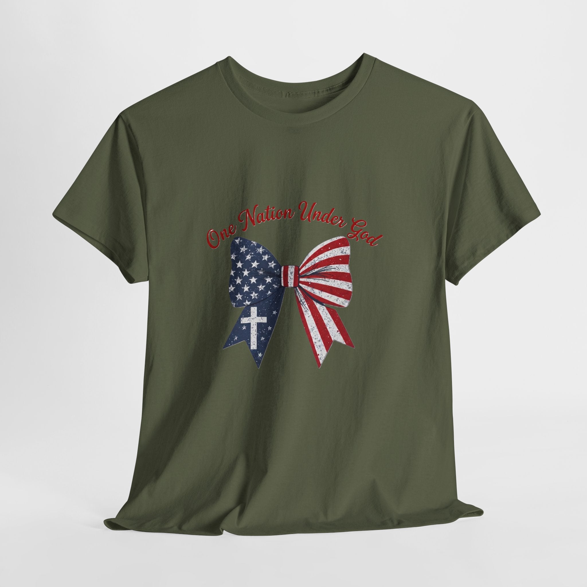Patriotic Bow Tee — "One Nation Under God" American Flag Cross T-Shirt