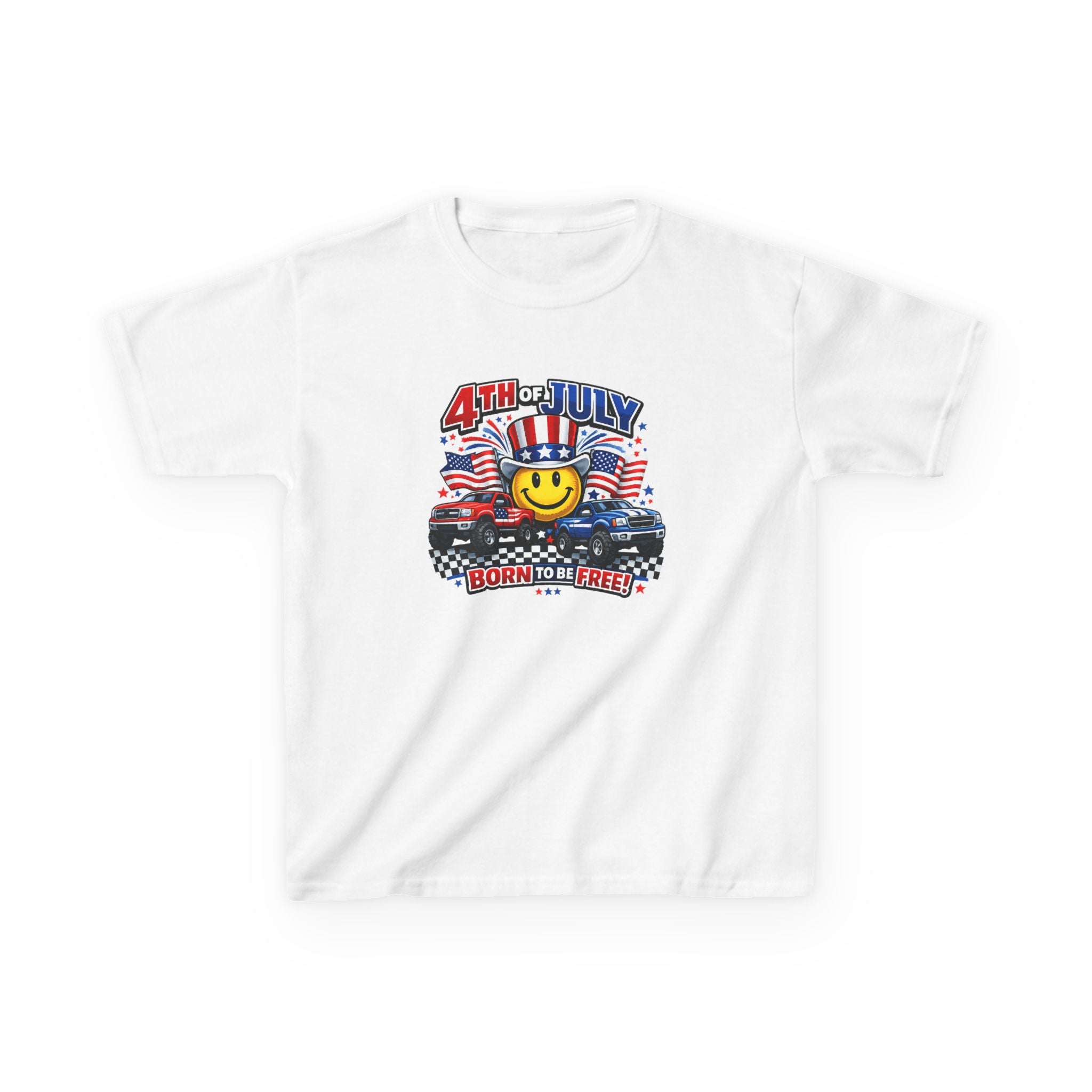 Kids Tee — 4th of July 'Born to Be Free' Smiley Flag Design