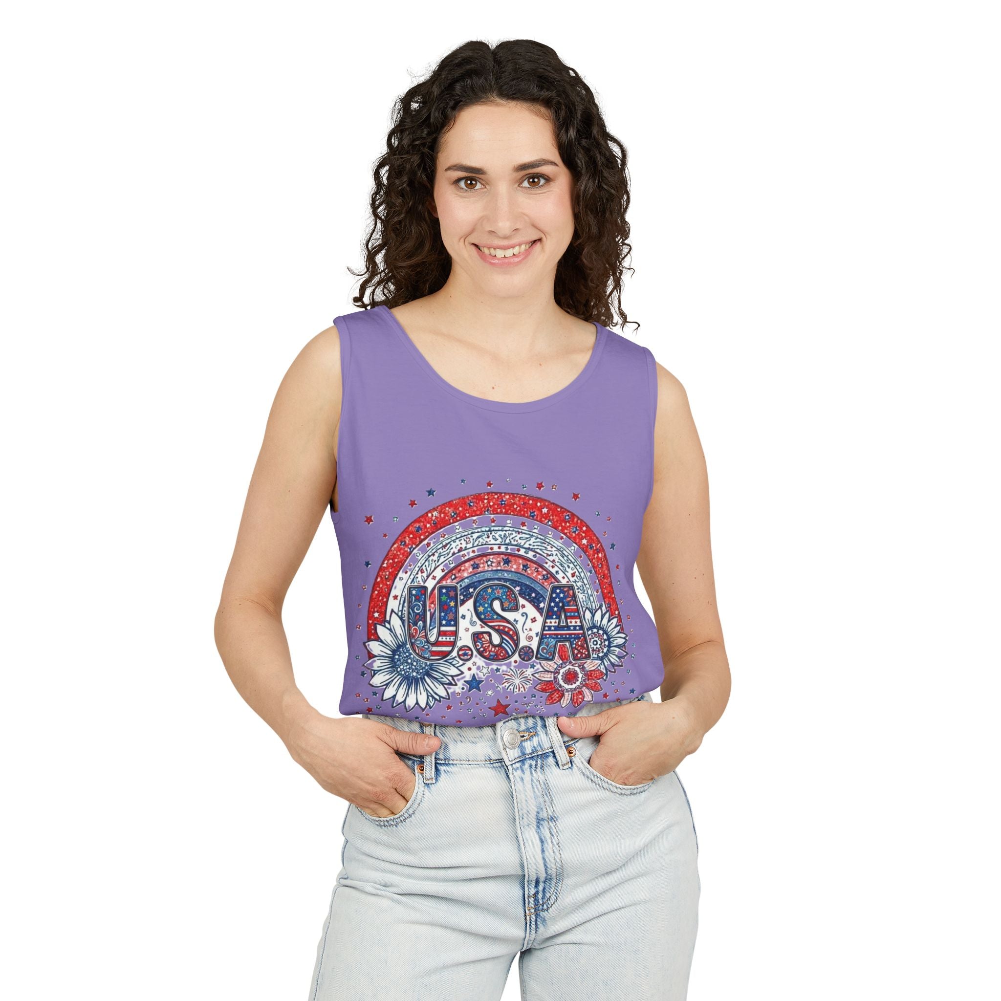 USA Rainbow Floral Tank Top — Patriotic 4th of July Sleeveless Tee