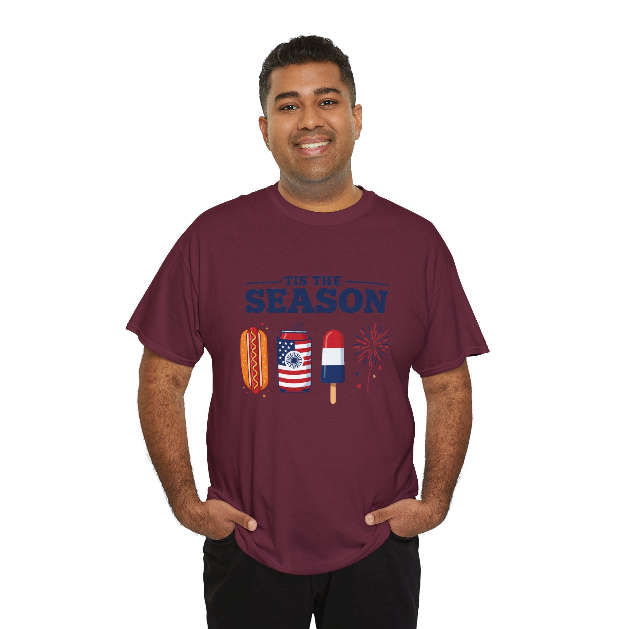 Fourth of July Tee — "'Tis the Season" Patriotic Hot Dog, Popsicle & Fireworks T-Shirt