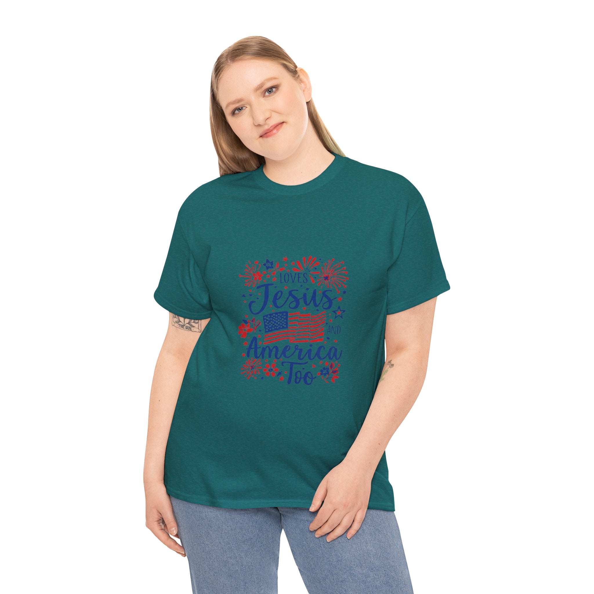 Jesus and America Tee — Patriotic Christian T-Shirt ("Loves Jesus and America Too")